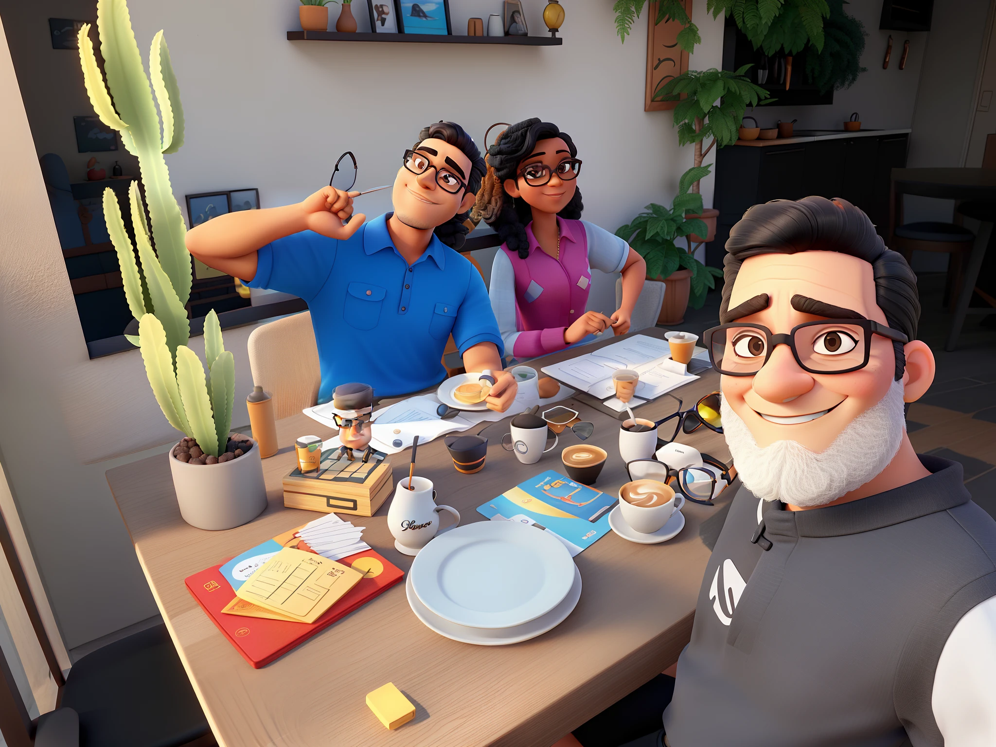A man with glasses with black frames, barba fina e cabelos castanhos claros, uma com cabelos liso castanhos claros e pele bronzeada, Another white woman with black hair and sunglasses, Sitting at a table with afternoon coffee on a balcony of a Disney Pixar-style apartment, alta qualidade, melhor qualidade
