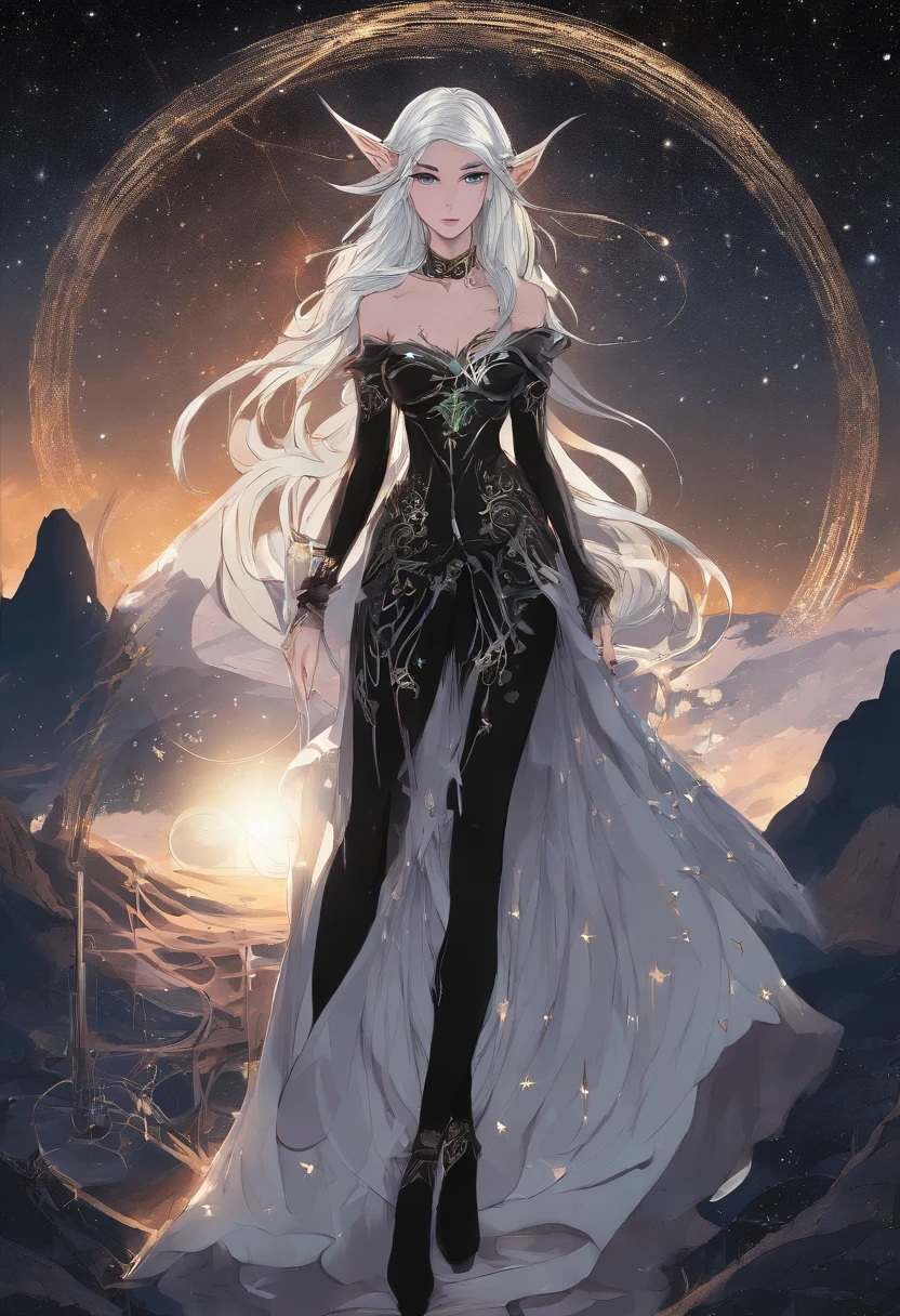 a picture of an exquisite beautiful female (wander: 1.3) (elf: 1.5) standing under the starry night sky as she slowly reaches out trying to grasp the stars, full body, an astral elf (ultra detailed, Masterpiece, best quality), ultra detailed face (ultra detailed, Masterpiece, best quality), ultra feminine, (pale skin: 1.3), dark blue hair, wavy hair, dynamic eyes color yellow, cold eyes, glowing eyes, intense eyes, wearing a black very ruffle dress and puffle sleeves and a skirt thats short in the front and has a long train behind it with golden accents (ultra detailed, Masterpiece, best quality), wearing black boots to her ankles(ultra detailed, Masterpiece, best quality), long cloak, flowing cloak (ultra detailed, Masterpiece, best quality), sky full of stars background, moon, high details, best quality, 8k, [ultra detailed], masterpiece, best quality, (ultra detailed), full body, ultra wide shot, photorealism, dark fantasy art, dark fantasy art, gothic art, many stars, dark fantasy art, gothic art, sense of dread, astrology