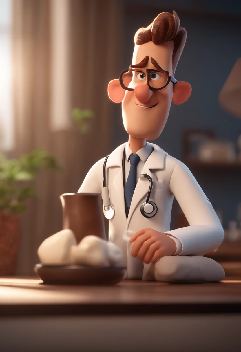 Cartoon character of a man with almost shaved hair wearing a doctor's lab coat, um personagem animado, Caractere estilizado, animation style rendering, 3D estilizado, Arnold Maya render, 3 d render stylized, toon render keyshot, Personagem 3D, Personagem 3D, 3d rendering stylized, 3 d character render, personagem de desenho animado, Personagem de close up, Pose de personagem, (Estilo Pixar) (master part:1.2) (Bokeh) (melhor qualidade) (pele detalhada) (textura detalhada) (8k) (argila) (Cinematic lighting) (foco nítido,Senta e vaza a parte superior do corpo