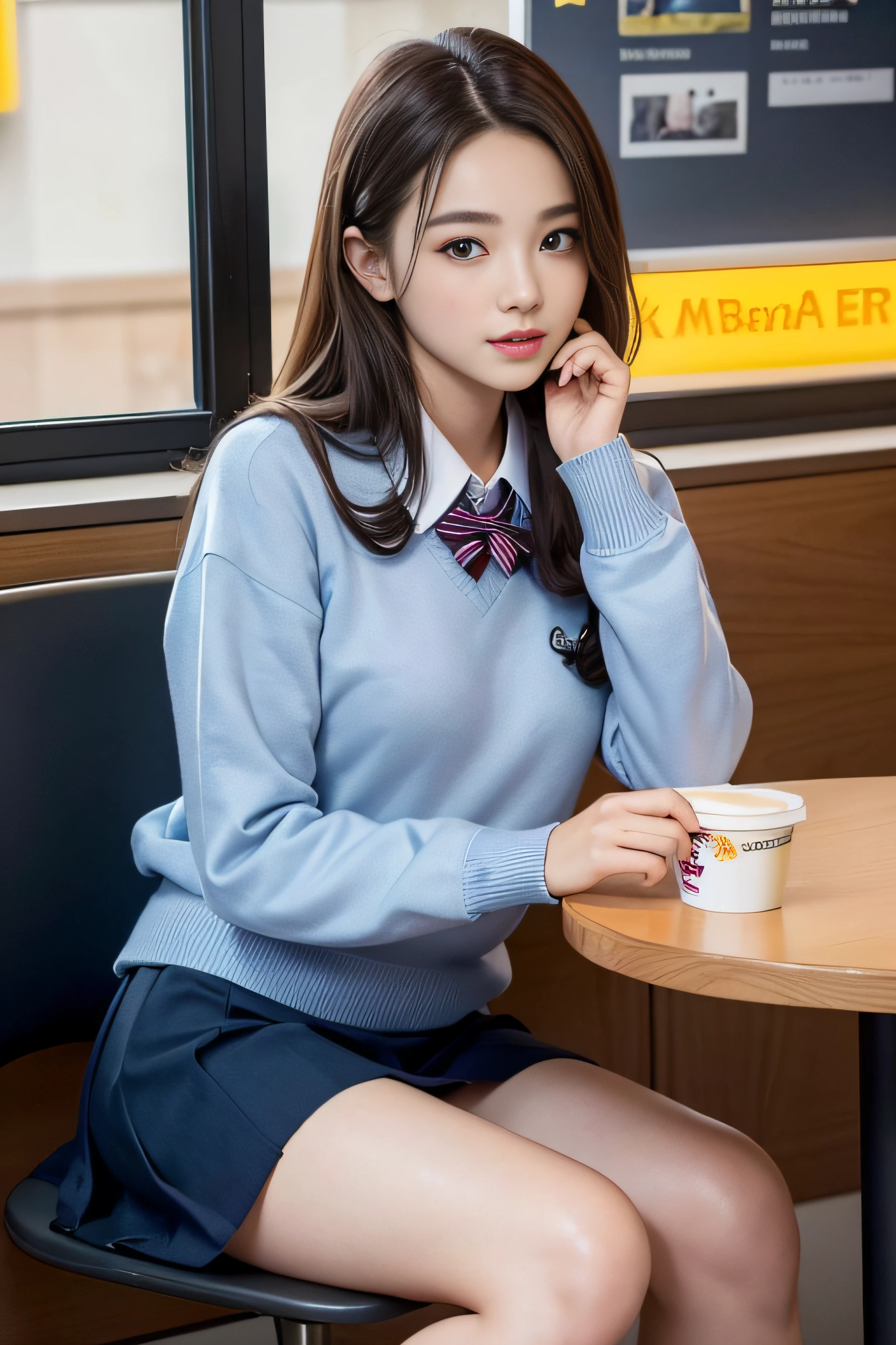 1womanl、(Super beautiful)、(beauitful face)、A detailed face、Take a seat at McDonald's、with spreading legs、(high-school uniform)、(Dark blue mini skirt)、(School Sweater)、(Wearing makeup)、Brown hair