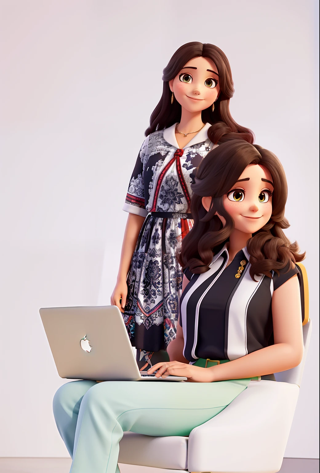 A imagem apresenta duas mulheres posando juntas, one sitting in a white armchair and the other standing. The seated woman is wearing a light green pants and a blue striped blouse, branco e dourado. She's holding a gold MacBook Air. A outra mulher, that's standing, Is wearing a black dress with white and red prints. She's smiling and posing for the picture. A mulher sentada tem cabelos longos e escuros. She's also smiling, creating a cheerful and friendly atmosphere. The standing woman has long, dark hair as well.
Both women are posing confidently and appear to be relaxed, Creating a pleasant and relaxed image. In the background there is an office with a large window and you can see the TV Tower of Brasilia, brasil.