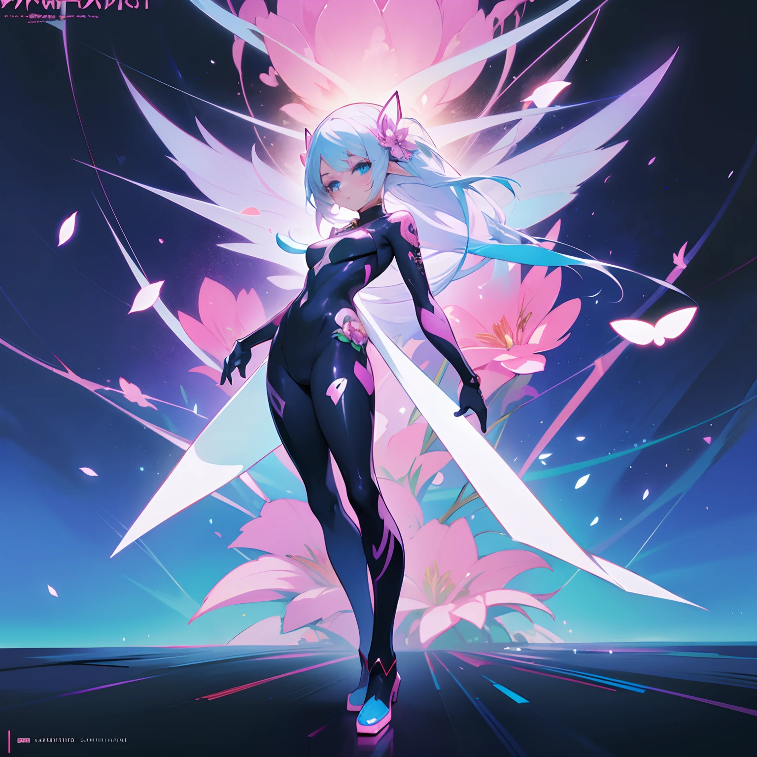 anime girl with white hair and blue eyes standing in front of a colorful background, anime character; full body art, anime woman fullbody art, dreamy psychedelic anime, cyberpunk flowerpunk, floralpunk, anime fantasy illustration, beautiful anime artwork, anime fantasy artwork, elf girl wearing an flower suit, anime full body illustration, colorful concept art, ethereal flowerpunk, full body art, anime woman fullbody art, dreamy psychedelic anime, flowerpunk, floralpunk, anime fantasy illustration, beautiful anime artwork, anime fantasy artwork