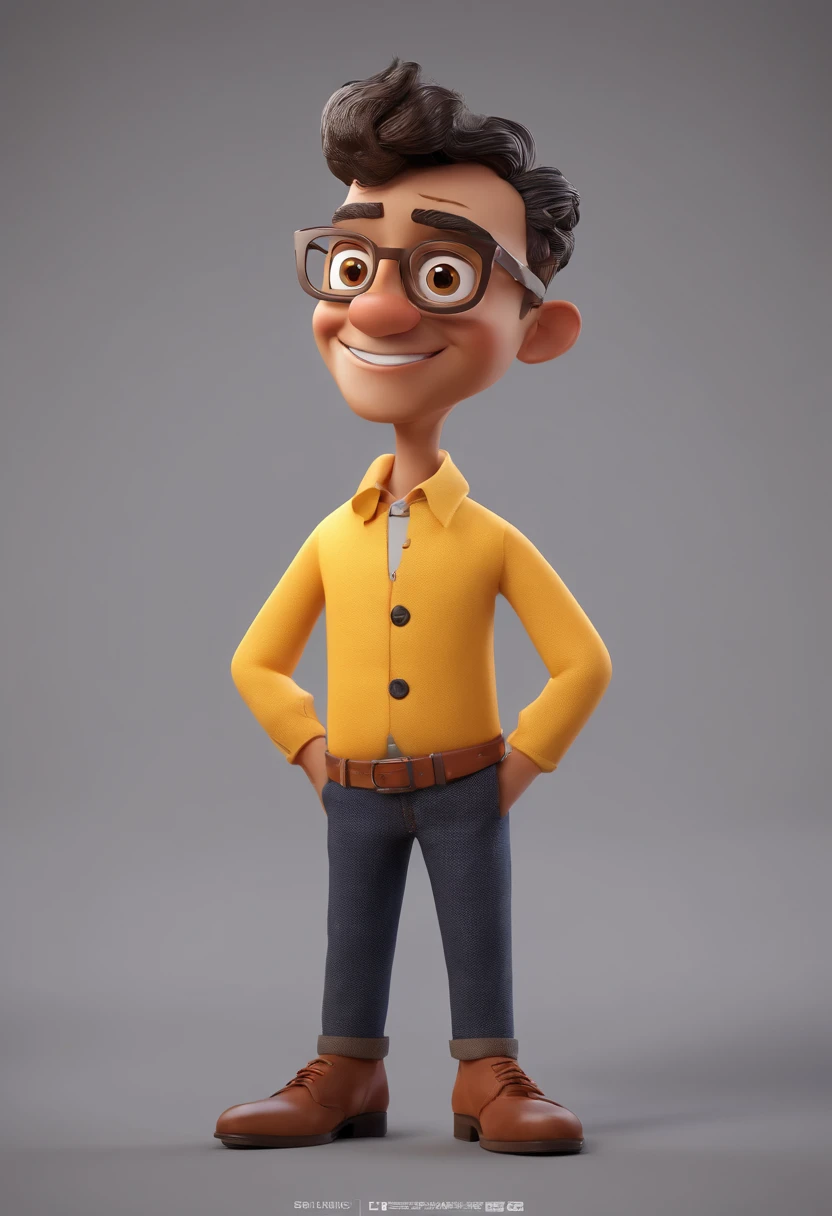 Cartoon character of a man with black glasses and a yellow shirt, animation character, Caractere estilizado, animation style rendering, 3D estilizado, Arnold Maya render, 3 d render stylized, toon render keyshot, Personagem 3D, Personagem 3D, 3d rendering stylized, 3 d character render, personagem de desenho animado, Personagem de close up, Pose de personagem, (Estilo Pixar) (master part:1.2) (Bokeh) (best quality) (pele detalhada) (textura detalhada) (8k) (argila) (Cinematic lighting) (foco nítido