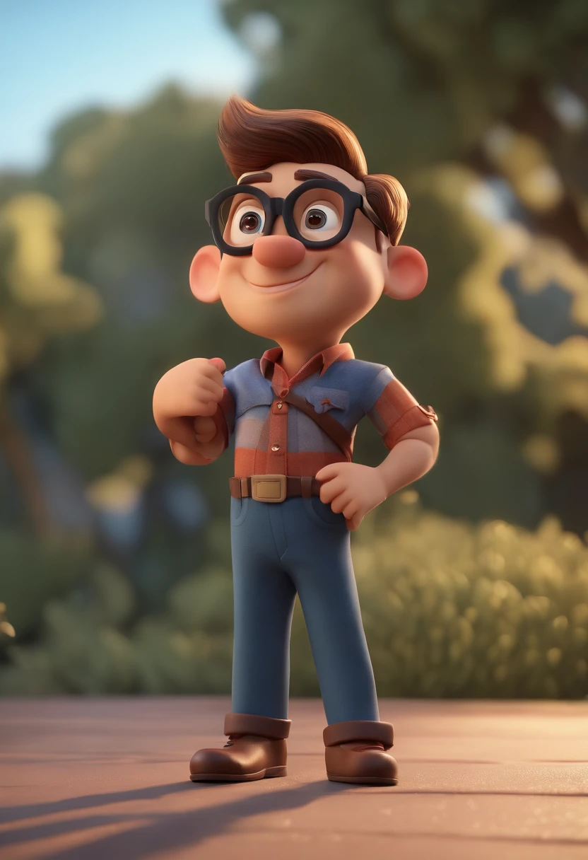 Cartoon character of a man wearing black glasses and a blue shirt, um personagem animado, Caractere estilizado, animation style rendering, 3D estilizado, Arnold Maya render, 3 d render stylized, toon render keyshot, Personagem 3D, Personagem 3D, 3d rendering stylized, 3 d character render, personagem de desenho animado, Personagem de close up, Pose de personagem, (Estilo Pixar) (master part:1.2) (Bokeh) (best quality) (pele detalhada) (textura detalhada) (8k) (argila) (Cinematic lighting) (foco nítido,Senta e vaza a parte superior do corpo