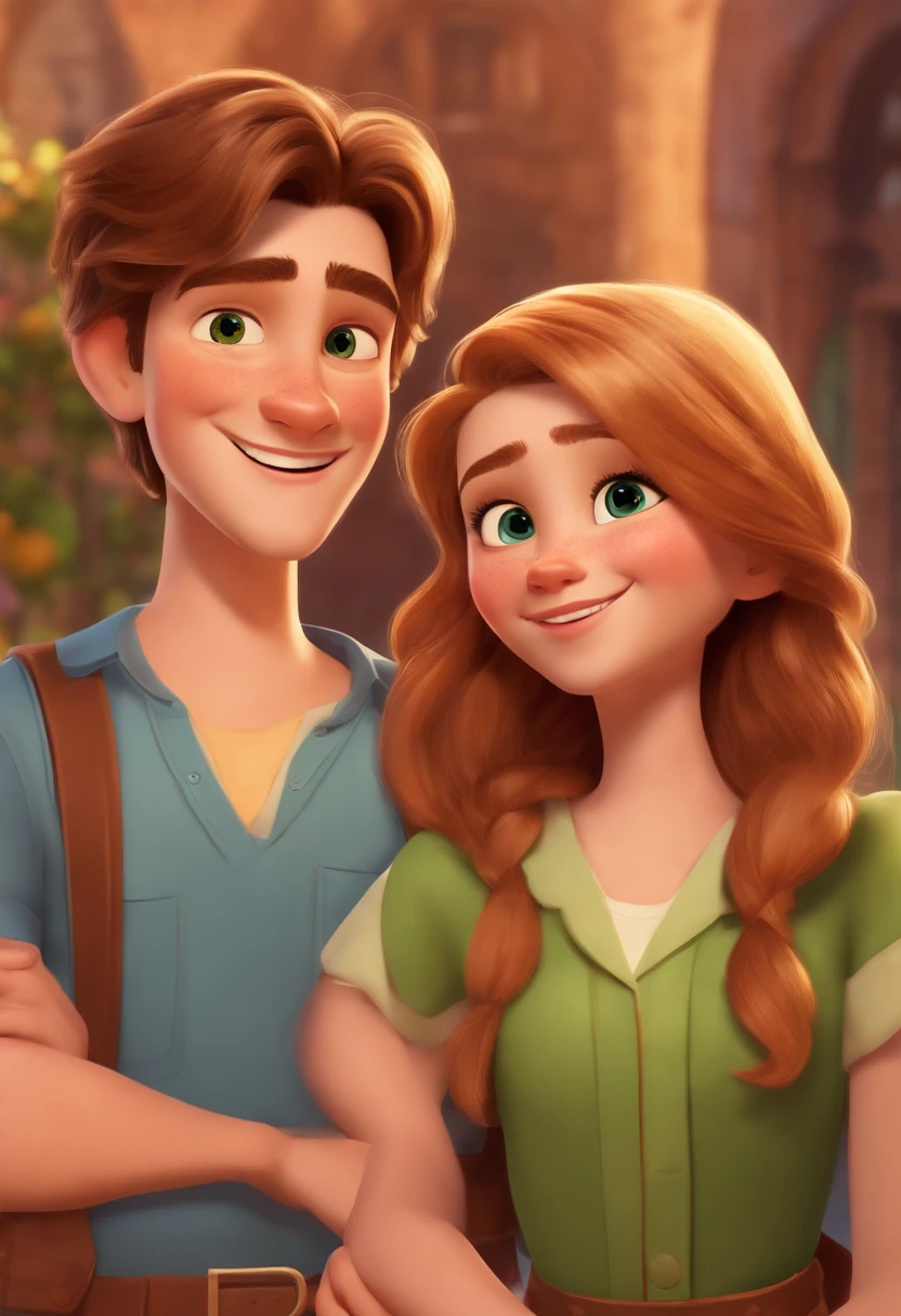 image of two , a girl with brown eyes, green blouse, long brown hair with blonde highlights, smiling, along with a boy with blue eyes, short brown hair, white blouse. pixar style