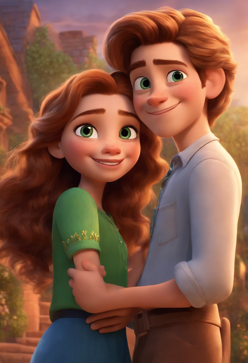 image of two , a girl with brown eyes, green blouse, long brown hair with blonde highlights, smiling, along with a boy with blue eyes, short brown hair, white blouse. pixar style