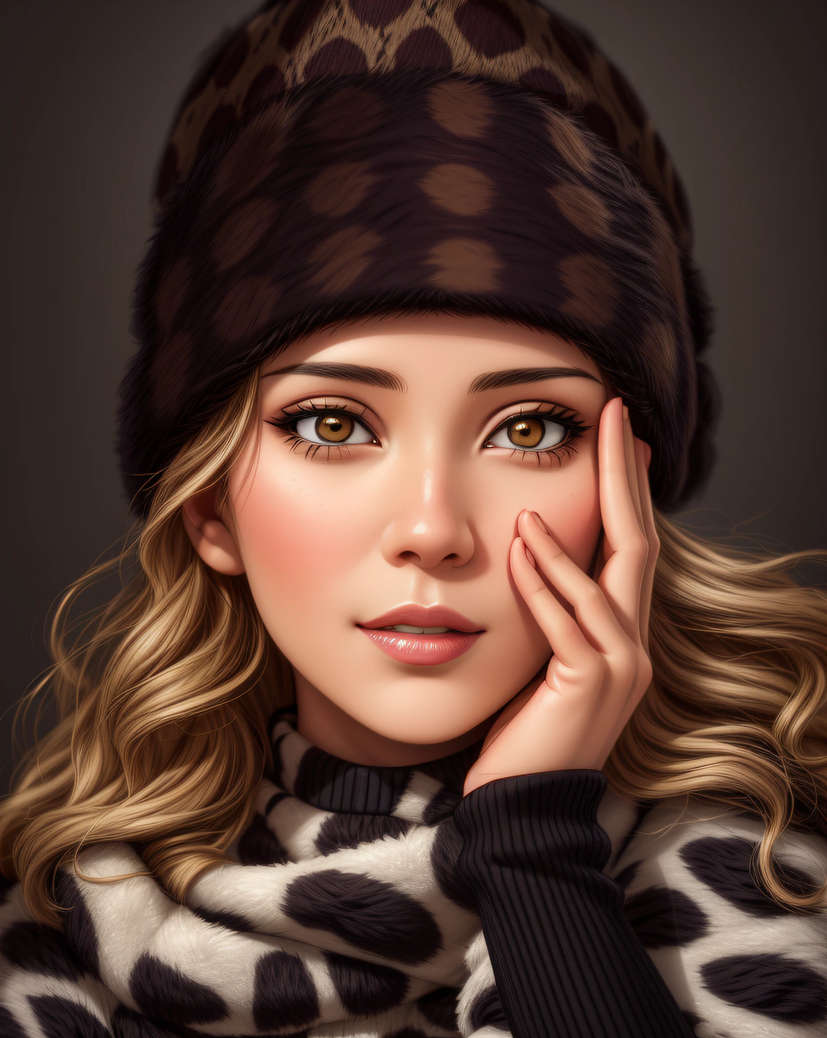 arafed woman with a leopard print sweater and a fur hat, cute woman, pokimane, 60mm portrait, 7 0 mm portrait, high quality portrait, soft portrait shot 8 k, olga buzova, style of julia razumova, alina ivanchenko, photo taken with nikon d750, photo taken with nikon d 7 5 0