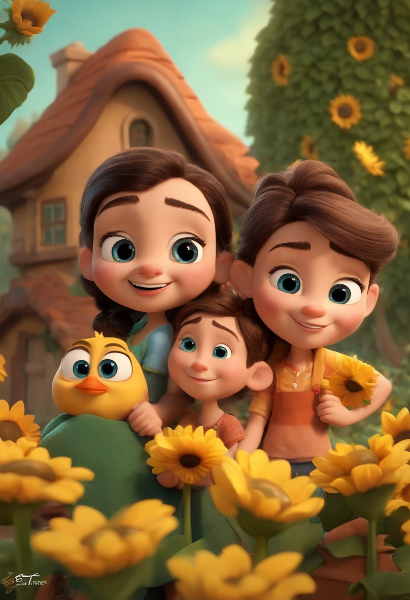 Create a Disney PIXAR-style 3D poster. ((centro da imagem, Triplets)), ((3 children)) ((1 menina no meio e 2 meninos ao lado, They're hugging each other, O menina tem pele clara e cabelos loiros e olhos verdes, 1 menino tem pele clara, olhos e cabelos escuros e ondulado, e a outro menino tem pele clara, olhos escuros e cabelos escuros e lisos)) ((tudo isso no estilo Disney PIXAR 3D, In the background, A house of sunflowers, Gloria Studio, The garden is full of nature 3D render RTX clay material, estilo de design cartunesco, POP Mart, soft lighting, linhas suaves, Spring tilt, Detailed illustrations of PIXAR 3D, Detalhes hiper-realistas, cor quente no estilo Disney PIXAR 3D))