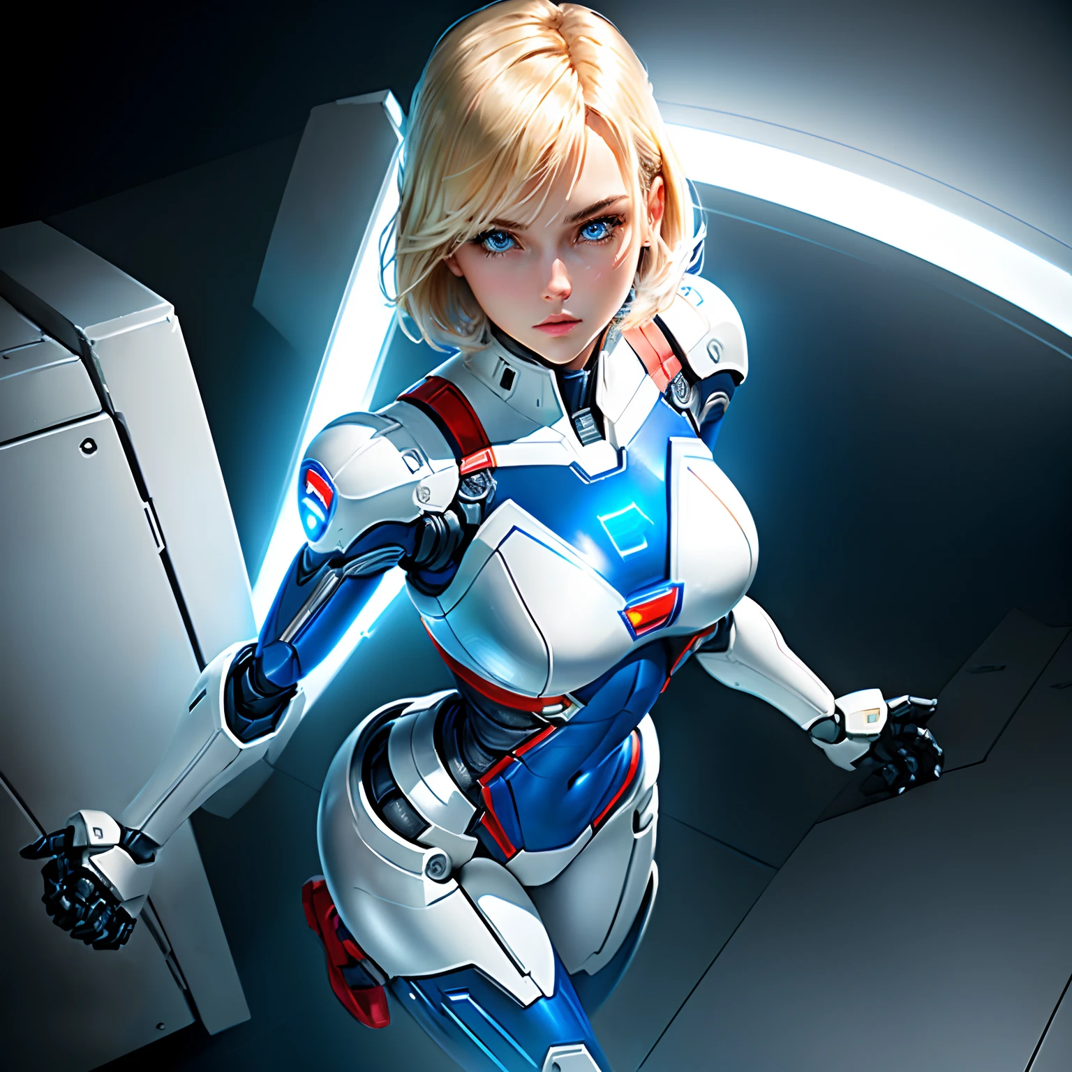 robot supergirl, plugsuit, cute female face, short blonde hair, robotic arms, robotic legs, robotic hips, black bodysuit, neckline, white armor bra with superman s letter on chest, white armor panties, studio lighting, detailed robotics, hydraulics, mechanical joints, doll like, highly detailed, sharp, high quality, cutting-edge, beautiful render, dramatic pose, detailed shading,  beautiful blue eyes