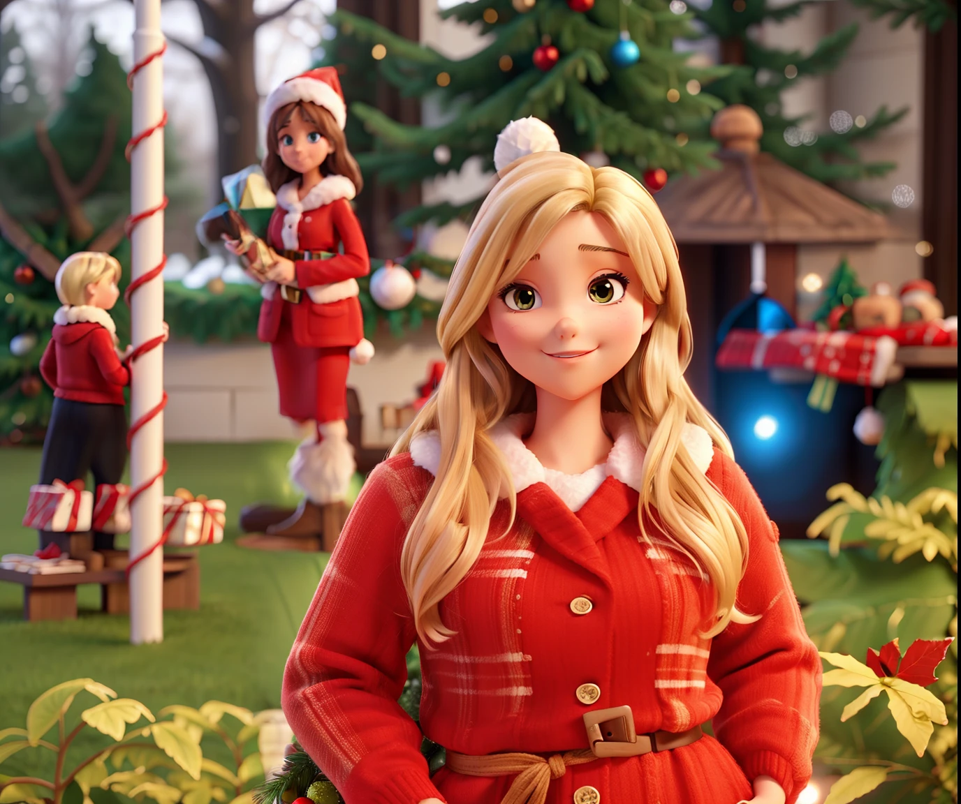Tall curvy young blonde woman with brown eyes smiling at christmas