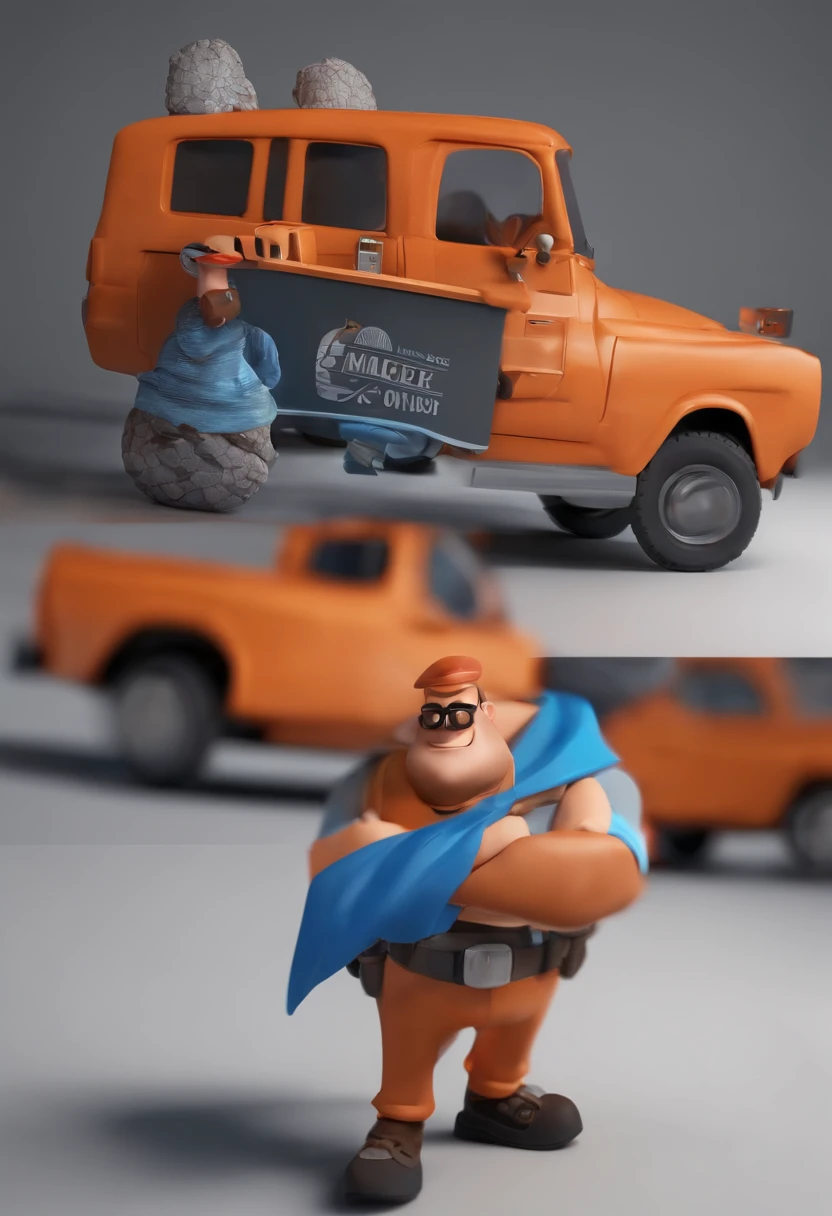 personagem dos desenhos animados de um homem careca e uma camisa azul escrito PORTOEX em laranja, truck in the back with PORTOEX writing on the trunk, animation character, Caractere estilizado, animation style rendering, 3D estilizado, Arnold Maya render, 3 d render stylized, toon render keyshot, Personagem 3D, Personagem 3D, 3d rendering stylized, 3 d character render, personagem de desenho animado, Personagem de close up, Pose de personagem,  (Estilo Pixar) (master part:1.2) (Bokeh) (best quality) (pele detalhada) (textura detalhada) (8k) (argila) (Cinematic lighting) (foco nítido