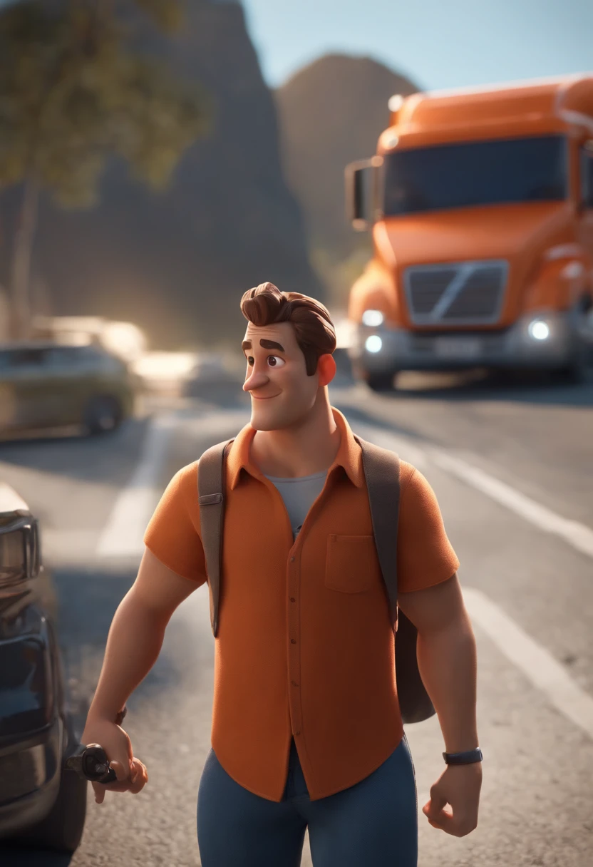 personagem dos desenhos animados de um homem careca e uma camisa azul escrito PORTOEX em laranja, truck in the back with PORTOEX writing on the trunk, animation character, Caractere estilizado, animation style rendering, 3D estilizado, Arnold Maya render, 3 d render stylized, toon render keyshot, Personagem 3D, Personagem 3D, 3d rendering stylized, 3 d character render, personagem de desenho animado, Personagem de close up, Pose de personagem, (Estilo Pixar) (master part:1.2) (Bokeh) (best quality) (pele detalhada) (textura detalhada) (8k) (argila) (Cinematic lighting) (foco nítido