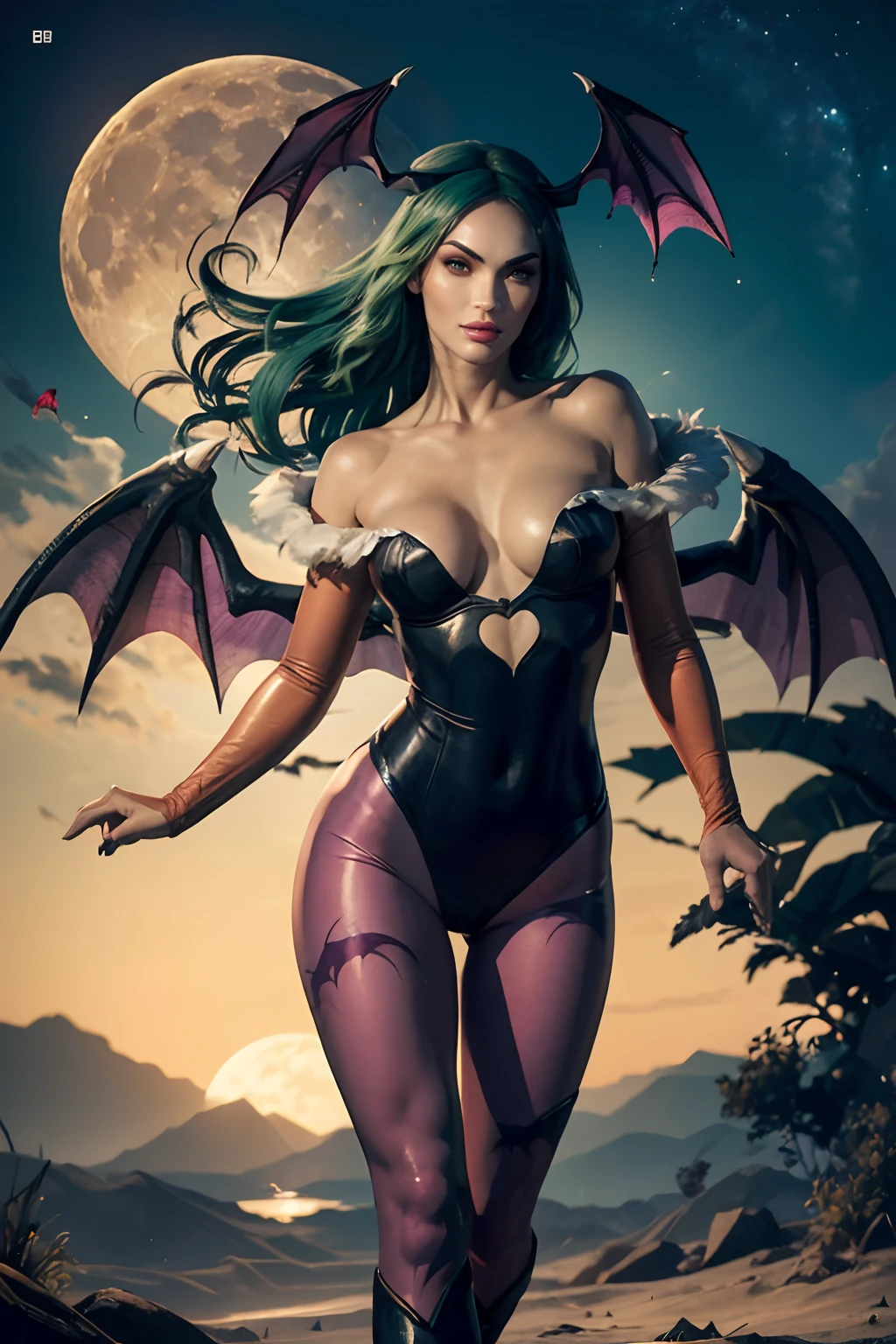 Megan Fox em Creative Artistry Print de Morrigan Aensland Personagem do jogo Darkstalkers em estilo hiper realista, with bat wings on the head, ((asas de morcego nas costas)), ((cabelo verde)), cabelo longo, black swimsuit, purple pantyhose, Beige gloves covering the entire arm, bota preta, par de botas pretas, medium bust, rosto de pele branca, arte de corpo inteiro,  a noite, lunar illumination.