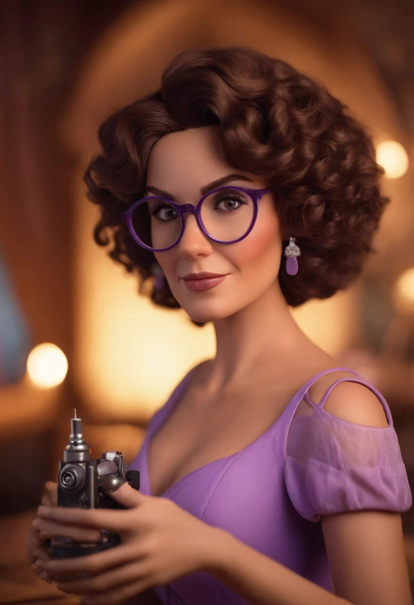 Pixar style image with 3D character white glasses brunette woman short curly hair, olhos castanhos e rosto fino , em torno de 38 anos , With lilac dress and a tattoo machine in her hand , Maquiagem Disney,Pescador, bonitinho, sorridente ,Close-up, Pixar, Disney, Cinema lighting,