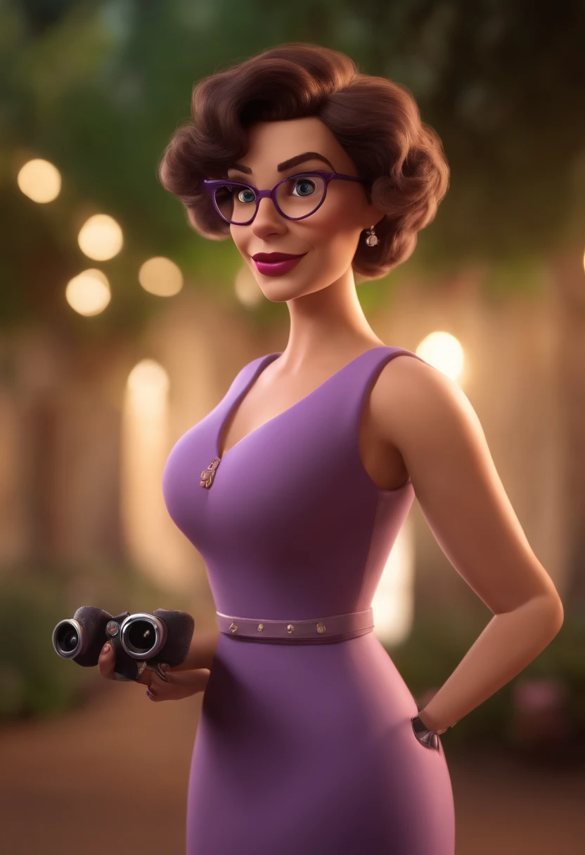 Pixar style image with 3D character white glasses brunette woman short curly hair, olhos castanhos e rosto fino , em torno de 38 anos , With lilac dress and a tattoo machine in her hand , Maquiagem Disney,Pescador, bonitinho, sorridente ,Close-up, Pixar, Disney, Cinema lighting,
