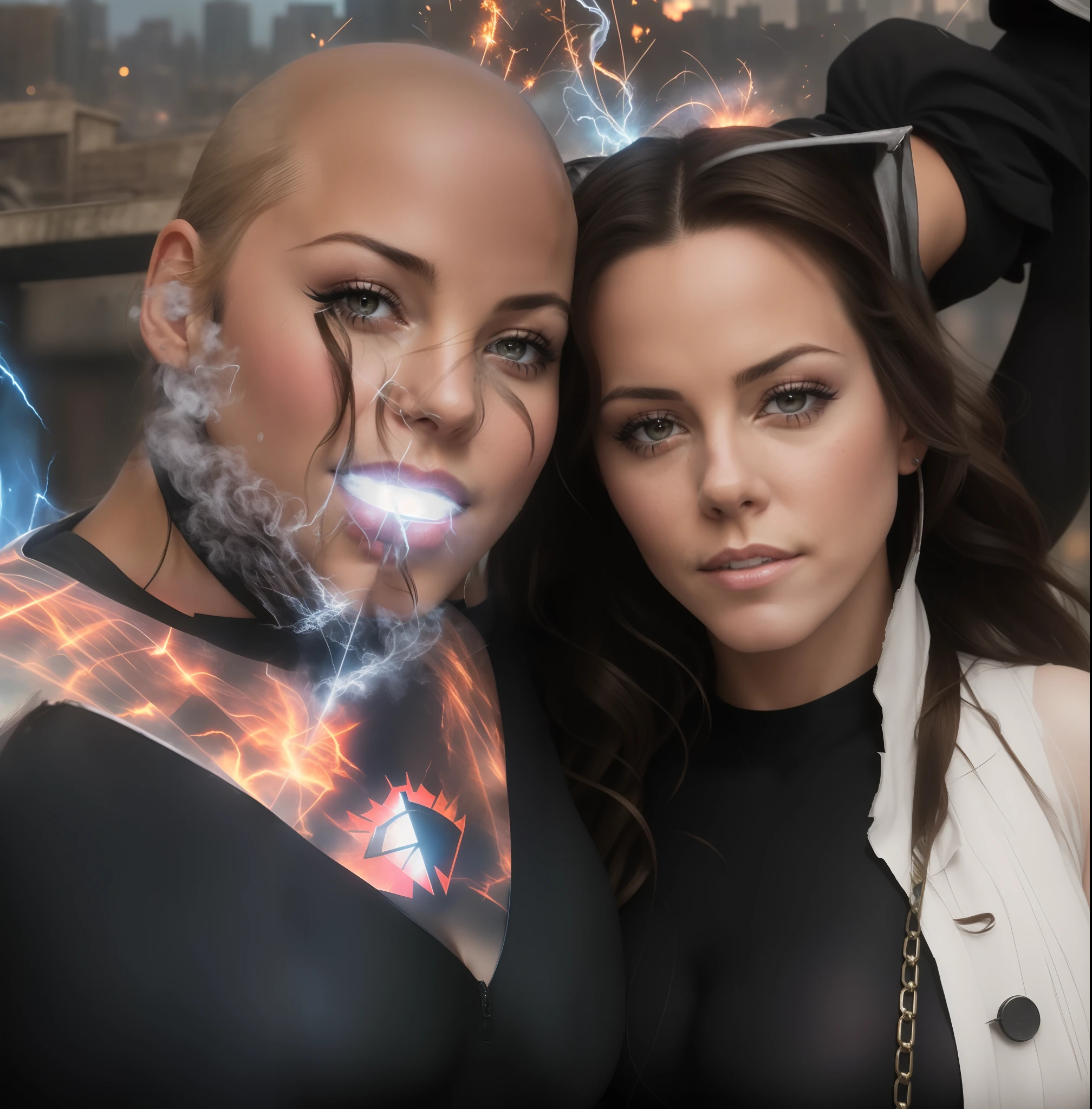 Kate Beckinsale in detailed brown Spider-Man costume, large breasts, superhero pose, standing in ruined city at sunset, hyperdetailed, smoke, sparks, sunbeams, (8k), realistic, symmetrical, award-winning, cinematic lightning, soaked, film, 75mm, scratches, full body shot, close-up, torn and dirty clothes, detailed face,