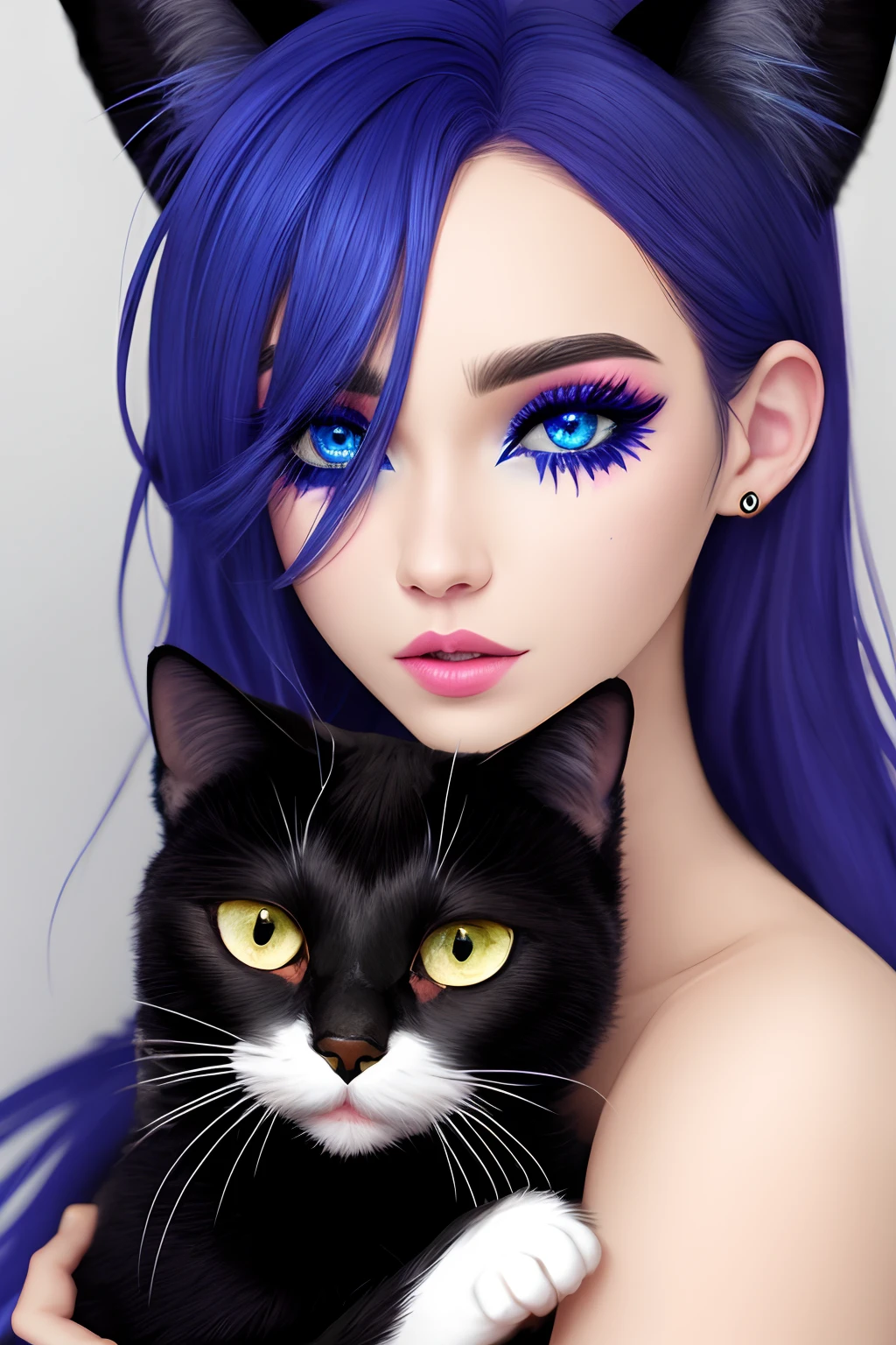 Crie um personagem com um sobretudo com capuz azul e mascara de gato cinza feita de metal com olhos azuis brilhantes
