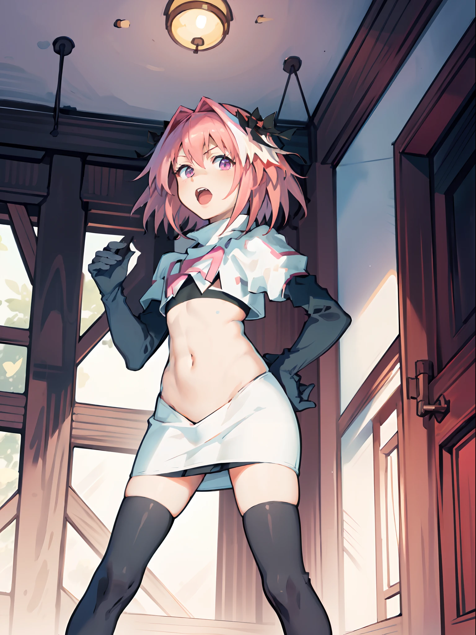 absurdres, masterpiece, best quality, (astolfo fate:1.2155), 1boy, male focus, trap, pink multicolored hair, pink hair, white hair, hair intakes, long hair, pink detailed eyes, crossdressing,1boy,team rocket,team rocket uniform,white skirt,crop top,black thigh-highs,black elbow gloves,