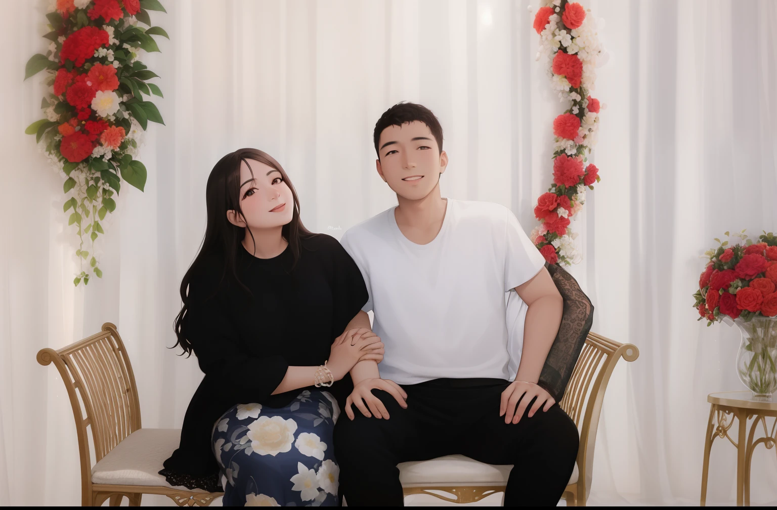 There are two people sitting on a bench together in front of a flower arrangement, Lovely couple, Casal feliz, retrato de casais, photo shoot, par, foto de retrato de um pano de fundo, imagem de perfil, retrato de casal, casal sorridente, pano de fundo, foto retrato, na frente do fundo branco, imagem retrato, 7 0 mm portrait, crescimento de um casal, Retrato de duas pessoas