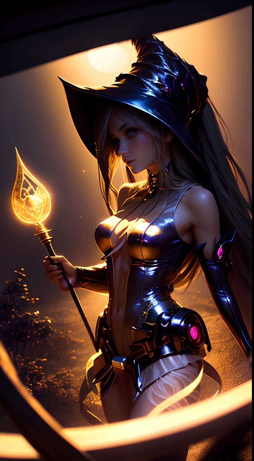 "Photograph of a dark magician golden sorceress under the moonlight, espeluznante, atmospheric, Hora dorada, encantador, Oscuro y encantador."