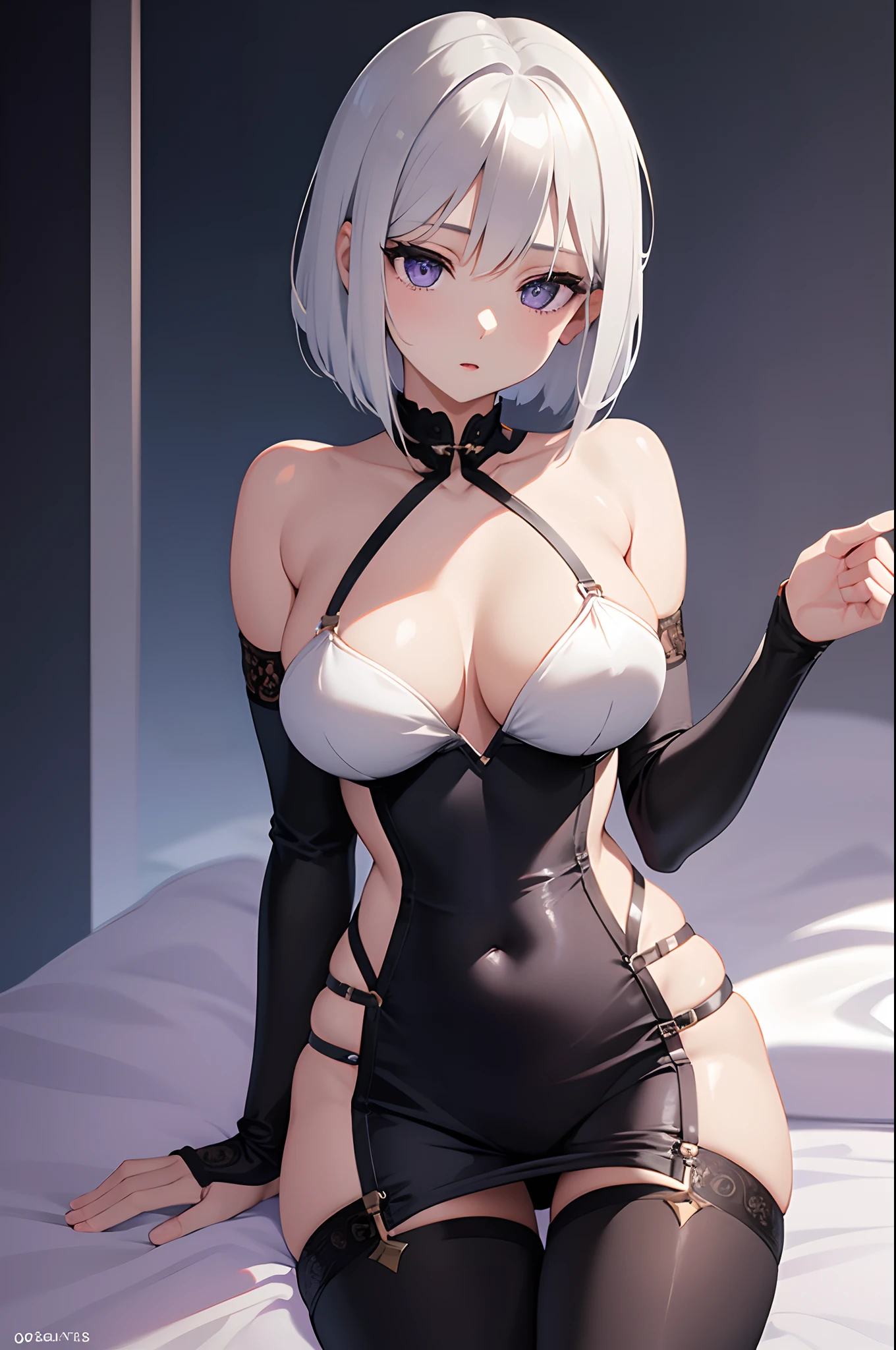 1girl, anime, cute girl, blank background, white background, fantasy, beautiful face, beautiful eyes, dark colors, short silver hair, bob cut, purple eyes, medium breasts, slight cleavage, beautiful skin, cute, breast curtains, extremely delicate and beautiful, (beautiful detailed face:1.0), (detailed deep eyes), symmetrical breasts, deep eyes, shiny skin, portrait, slender waist, hips wider than shoulders, thighs, young girl, expressionless