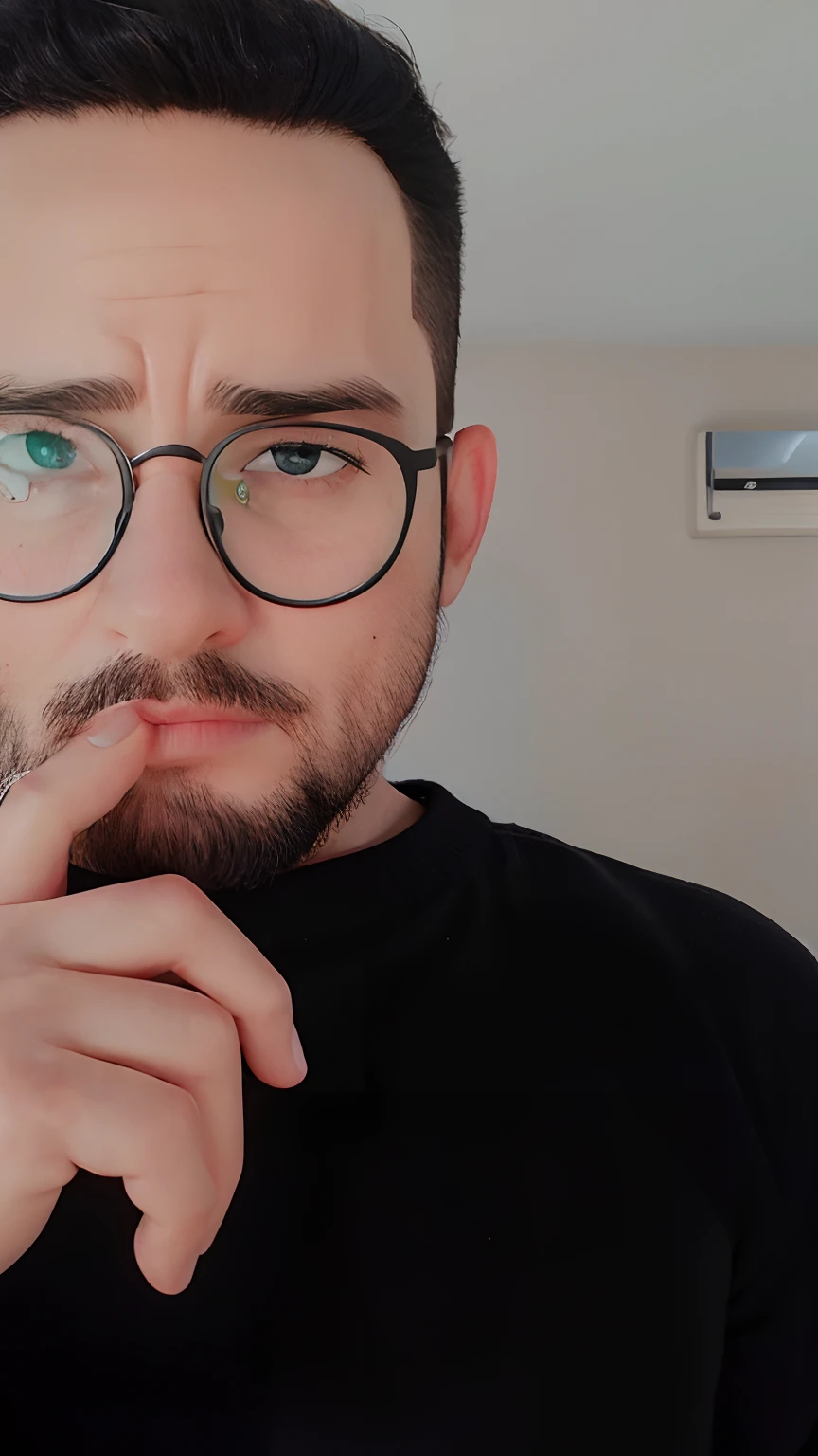 Homem branco 30 anos,de barba rala, wears glasses, olhos negros firme, fine lips,with writer's expressions, vestindo preto.