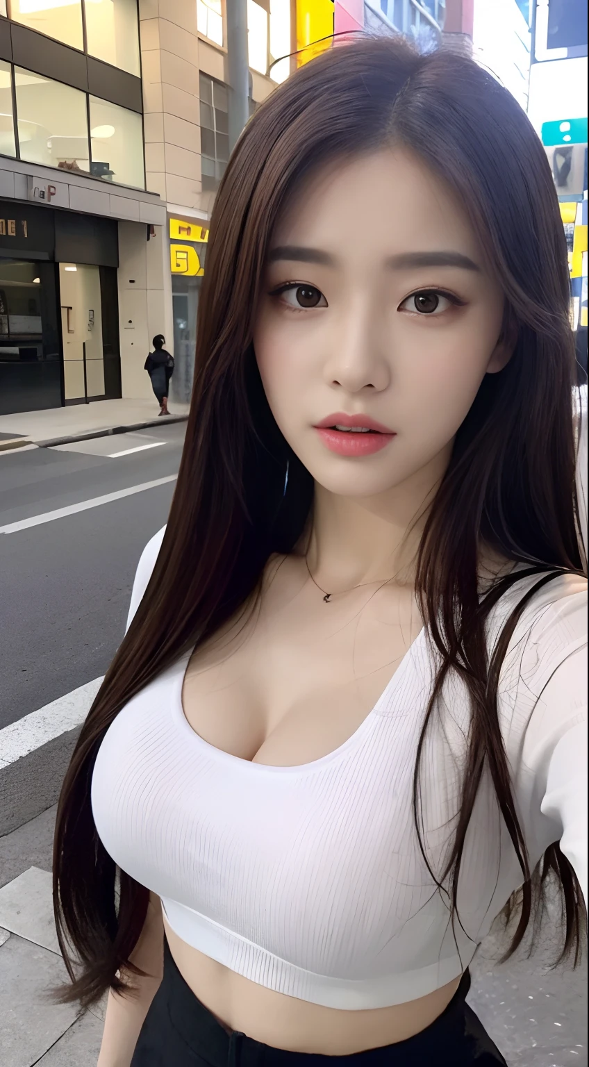 ((Realistic lighting, Best quality, 8K, Masterpiece: 1.3)), Clear focus: 1.2, 1girl, Perfect beauty: 1.4, Big breasts: 1.2, Slim abs: 1.1, ((dark brown hair)), (White crop top: 1.4), (Outdoor, night: 1.1), City streets, Super fine face, fine eyes, Double eyelids,