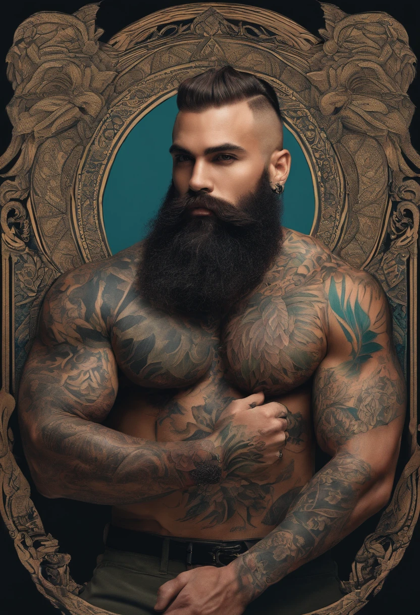 A strong man with beard and tattoo on his arms with shaved hair