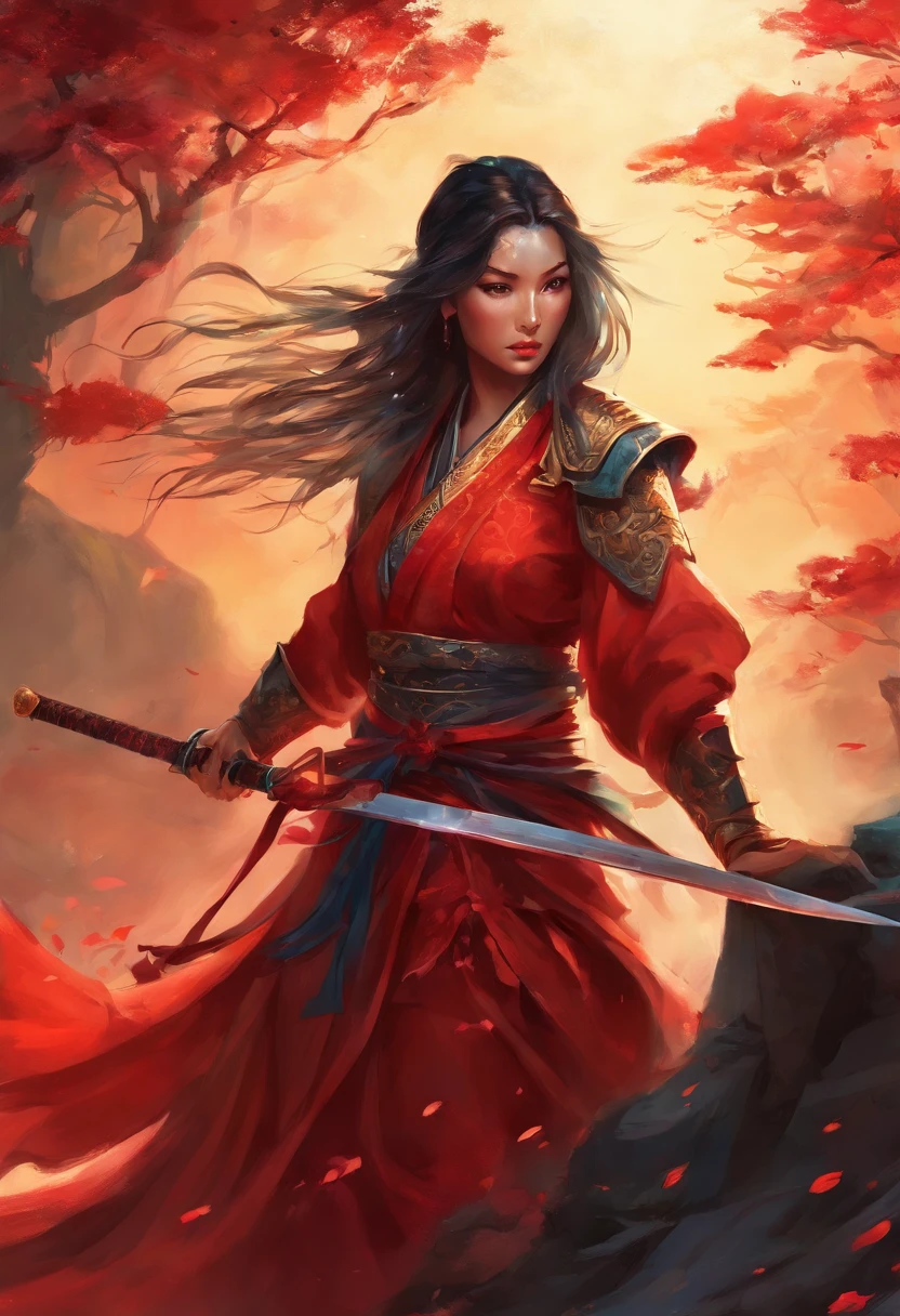 garota samurai de cabelos pretos, carrega uma espada vermelha, usa uma saia vermelha.