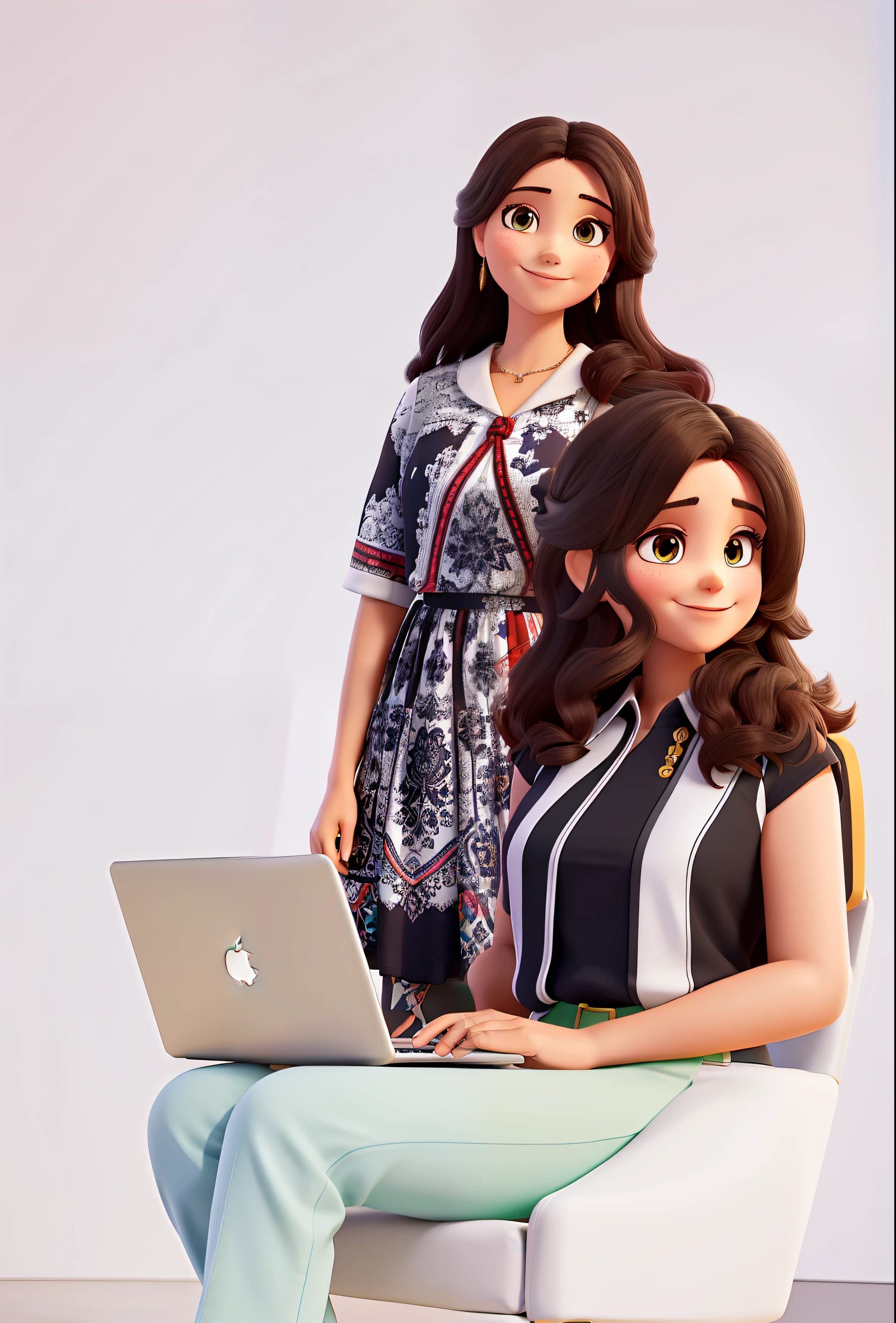 A imagem apresenta duas mulheres posando juntas, one sitting in a white armchair and the other standing. The seated woman is wearing a light green pants and a blue striped blouse, branco e dourado. She's holding a gold MacBook Air. A outra mulher, that's standing, Is wearing a black dress with white and red prints. She's smiling and posing for the picture. A mulher sentada tem cabelos longos e escuros. She's also smiling, creating a cheerful and friendly atmosphere. The standing woman has long, dark hair as well. 
Both women are posing confidently and appear to be relaxed, Creating a pleasant and relaxed image. In the background there is an office with a large window and you can see the TV Tower of Brasilia, brasil.