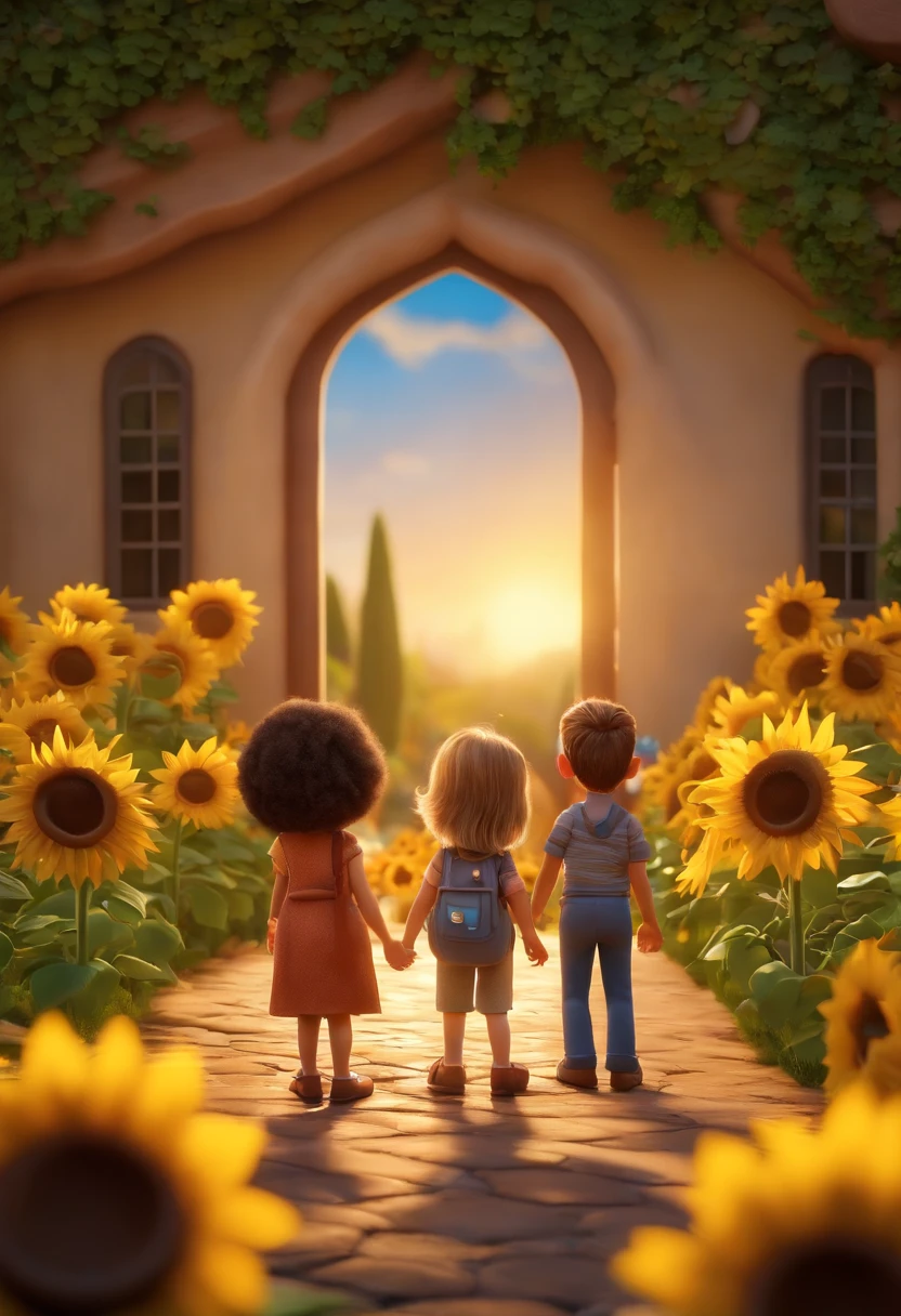 Create a Disney PIXAR-style 3D poster. ((centro da imagem, Triplets)), ((3 )) ((1 menino no meio e 2 meninas ao lado, They're hugging each other, O menino tem pele castanha e cabelos castanhos escuros e olhos castanhos escuros, 1 menina tem pele clara, olhos e cabelos escuros e cacheados, e a outra menina tem pele morena, olhos escuros e cabelos escuros e lisos)) ((tudo isso no estilo Disney PIXAR 3D, In the background, A house of sunflowers, Gloria Studio, The garden is full of nature 3D render RTX clay material, estilo de design cartunesco, POP Mart, soft lighting, linhas suaves, Spring tilt, Detailed illustrations of PIXAR 3D, Detalhes hiper-realistas, cor quente no estilo Disney PIXAR 3D))