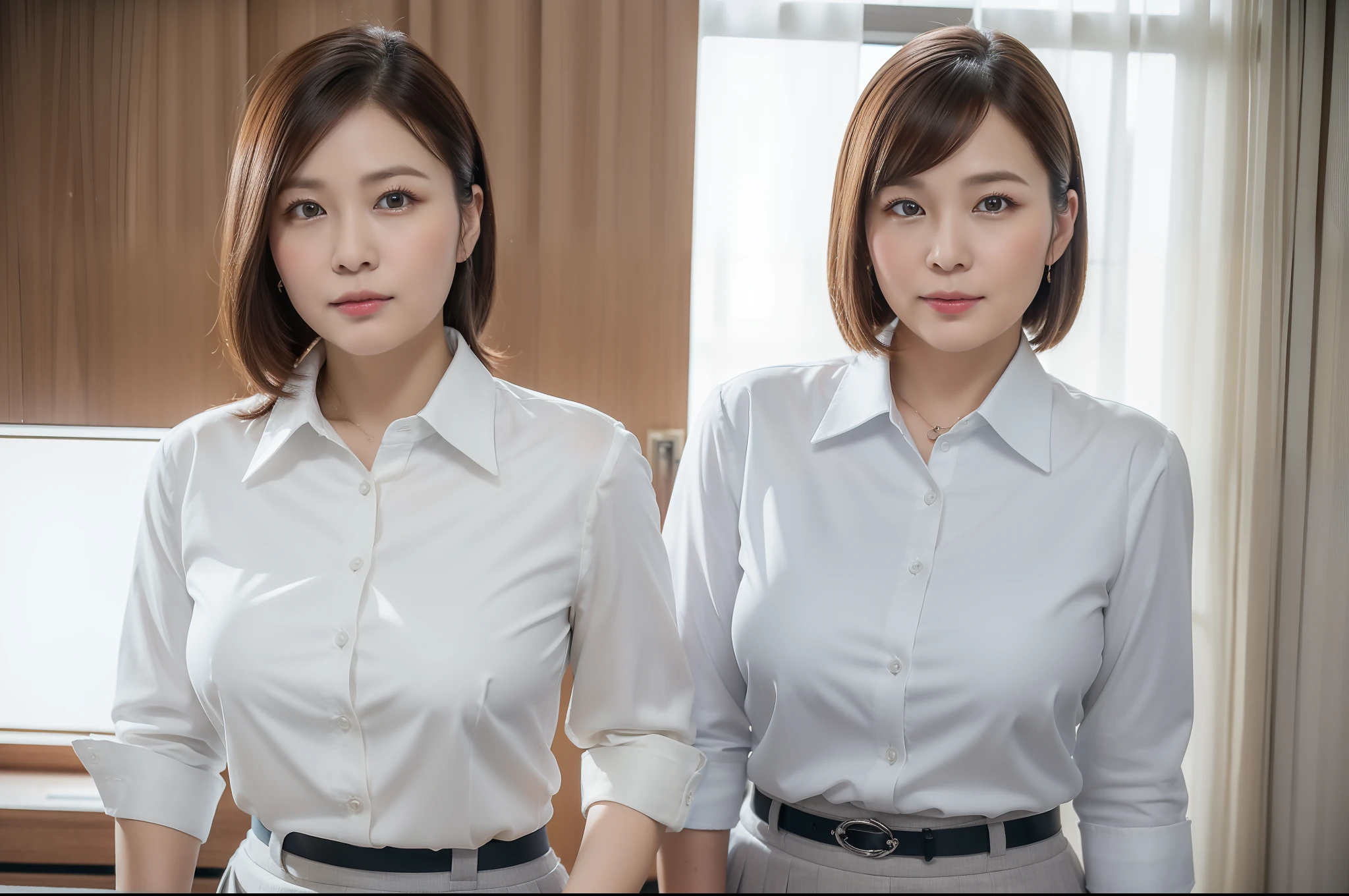 ((Best Quality, 8k, Masterpiece, Portrait: 1.3)), (looking at viewer), (close up:0.85), attractive business milfs, 8 people, 30 years old, 45 years old, a bit chubby:0.35, white collared shirt, grey skirt, serious, room of CEO,