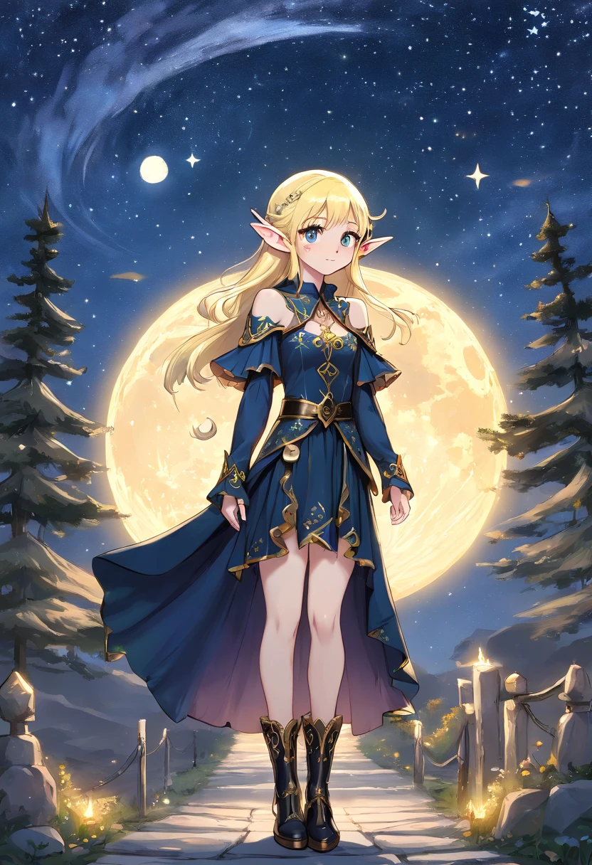 a picture of an exquisite beautiful female (wander: 1.3) (elf: 1.5) standing under the starry night sky as she slowly reaches out trying to grasp the stars, full body, an astral elf (ultra detailed, Masterpiece, best quality), ultra detailed face (ultra detailed, Masterpiece, best quality), ultra feminine, (pale skin: 1.3), dark blue hair, wavy hair, dynamic eyes color yellow, cold eyes, glowing eyes, intense eyes, wearing a black very ruffle dress and puffle sleeves and a skirt thats short in the front and has a long train behind it with golden accents (ultra detailed, Masterpiece, best quality), wearing black boots to her ankles(ultra detailed, Masterpiece, best quality), long cloak, flowing cloak (ultra detailed, Masterpiece, best quality), sky full of stars background, moon, high details, best quality, 8k, [ultra detailed], masterpiece, best quality, (ultra detailed), full body, ultra wide shot, photorealism, dark fantasy art, dark fantasy art, gothic art, many stars, dark fantasy art, gothic art, sense of dread, astrology