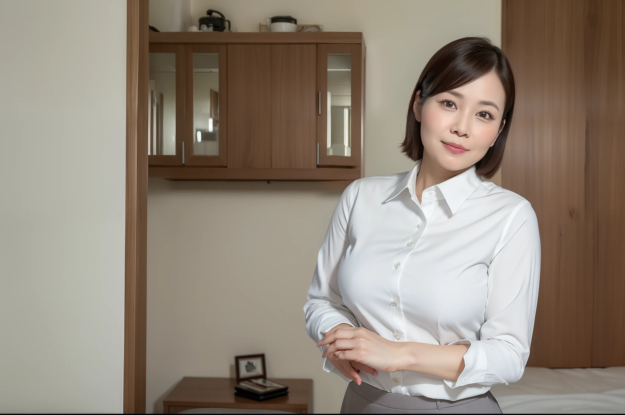 ((Best Quality, 8k, Masterpiece, Portrait: 1.3)), (looking at viewer), (close up:0.85), attractive business milfs, 8 people, 30 years old, 45 years old, a bit chubby:0.35, white collared shirt, grey skirt, serious, room of CEO,