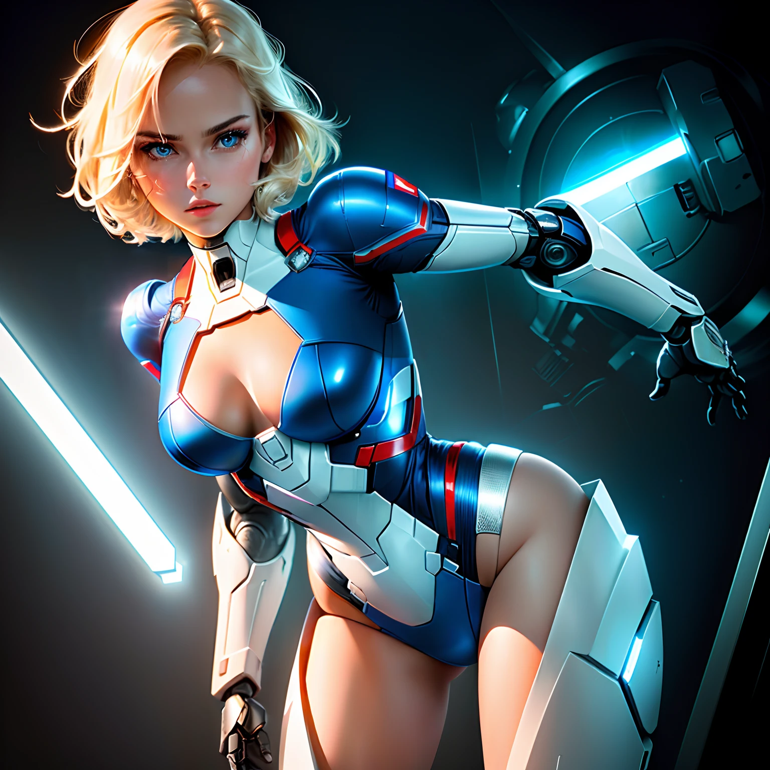 robot supergirl, plugsuit, cute female face, short blonde hair, robotic arms, robotic legs, robotic hips, black bodysuit, neckline, white armor bra with superman s letter on chest, white armor panties, studio lighting, detailed robotics, hydraulics, mechanical joints, doll like, highly detailed, sharp, high quality, cutting-edge, beautiful render, dramatic pose, detailed shading, beautiful blue eyes