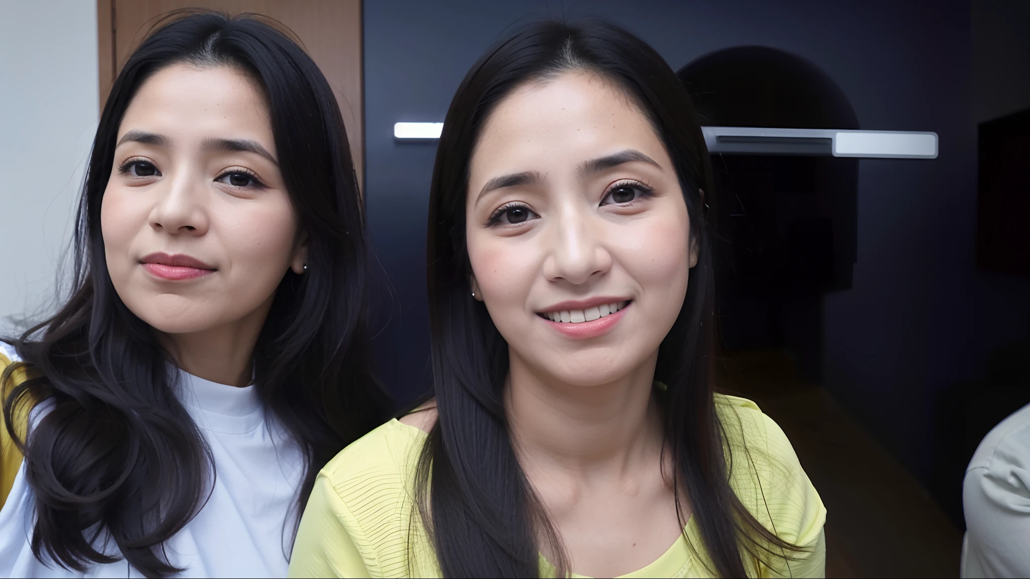 there are two women that are posing for a picture together, Directed by: Nandor Soldier, imagem de perfil, Ayahausca, 3 5 year brazilian mother, foto de perfil, coluna, Foto realista, Ayanamikodon e Irakli Nadar, com ela longa, foto selfie, 38 anos, Kuntilanak, foto de perfil