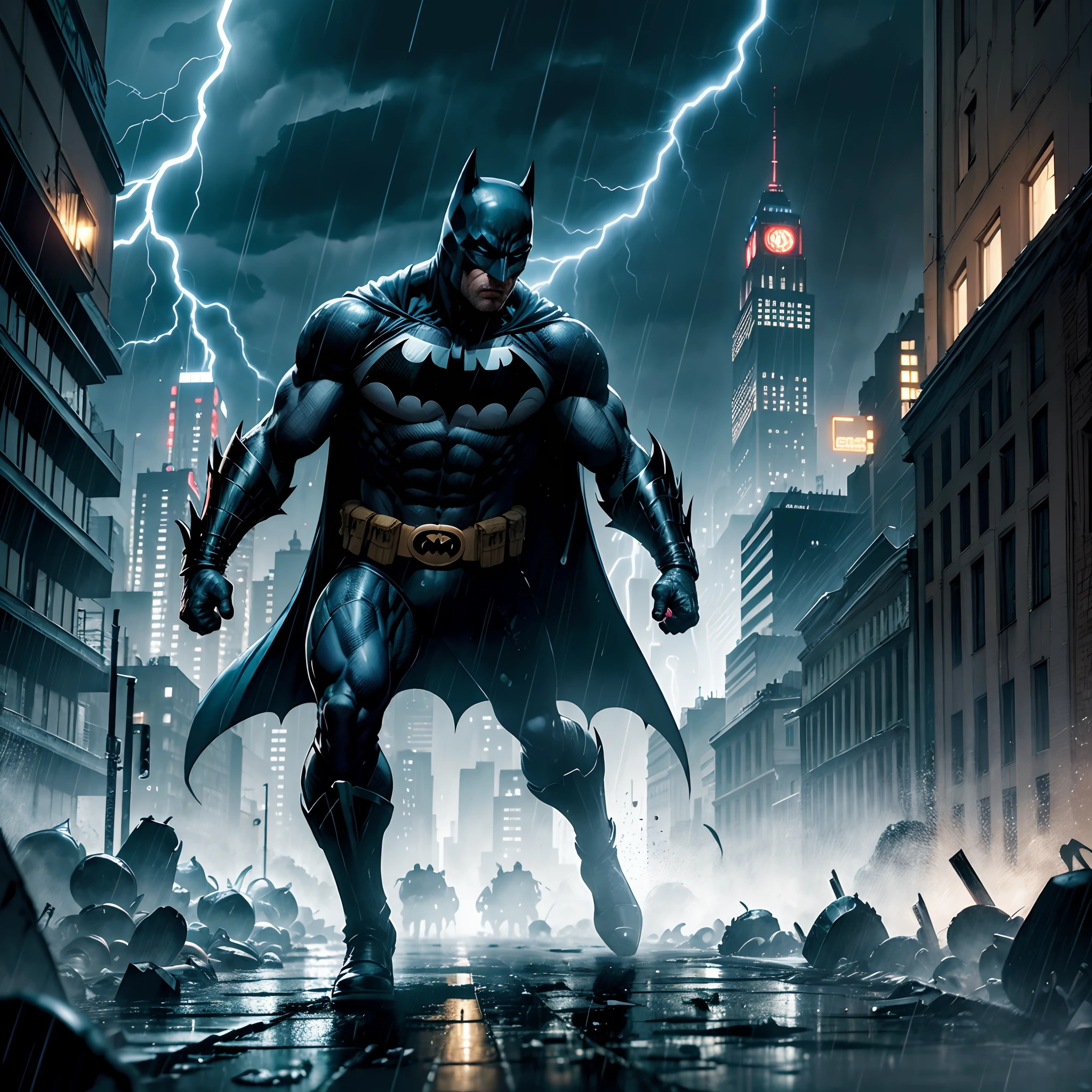 Nas ruas sombrias de Gotham, Torrential rain falls relentlessly as white and blue lightning tears across the night sky. O Batman, ferido e exausto, Face off against a horde of bloodthirsty criminals. Your body is a target for deep cuts, Bathing the night in a red hue of violence. The fight is fierce, but the Dark Knight doesn't back down. Correndo perigo de vida, ele se ergue contra as adversidades, determined to deliver justice amidst the storm of Gotham's darkness.