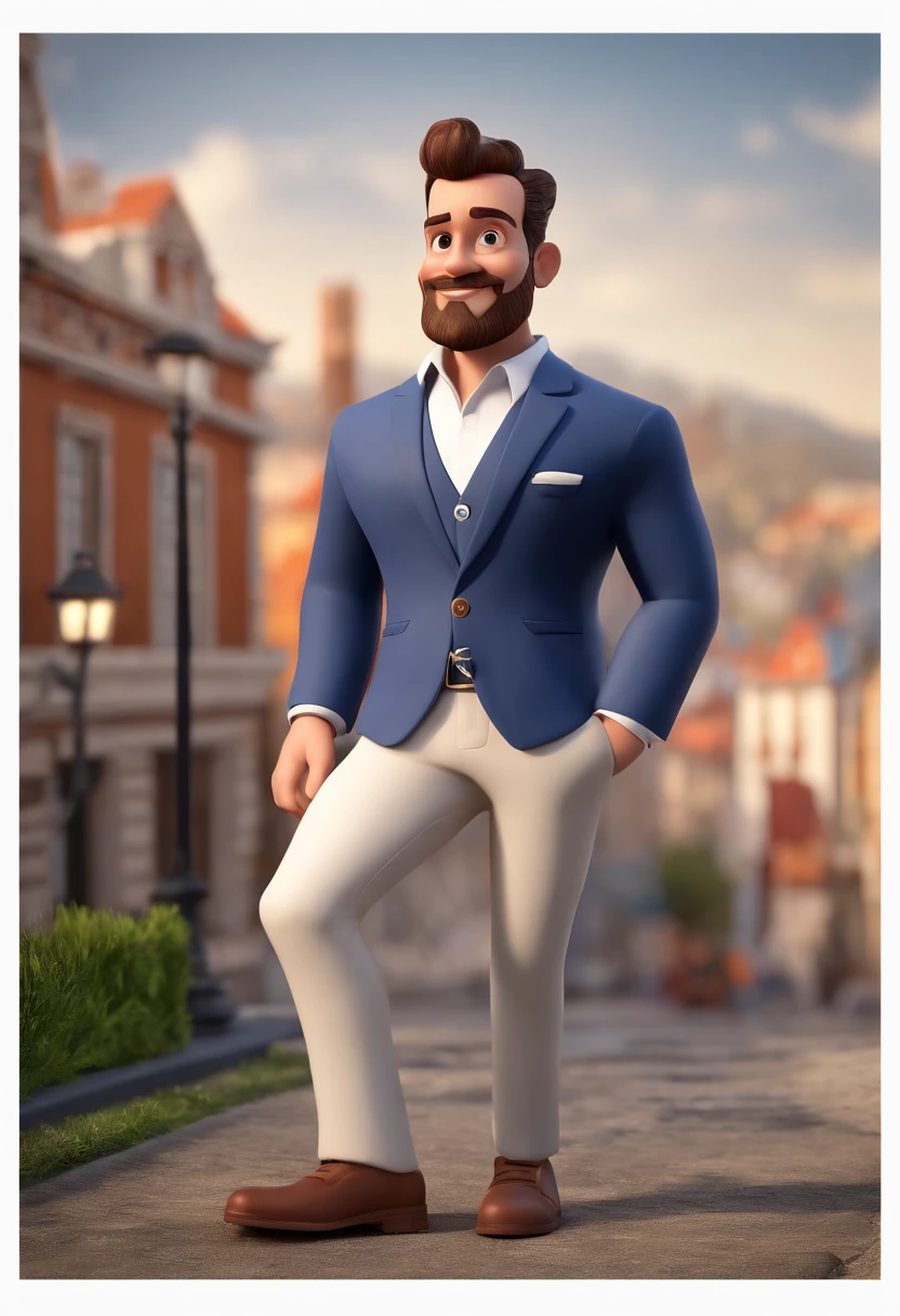 Cartoon character of a man with a small beard with white shirt and blue blazer and dress pants showing the ankle, animation character, Caractere estilizado, animation style rendering, 3D estilizado, Arnold Maya render, 3 d render stylized, toon render keyshot, Personagem 3D, Personagem 3D, 3d rendering stylized, 3 d character render, personagem de desenho animado, Personagem de close up, Pose de personagem, (Estilo Pixar) (master part:1.2) (Bokeh) (best quality) (pele detalhada) (textura detalhada) (8k) (argila) (Cinematic lighting) (foco nítido