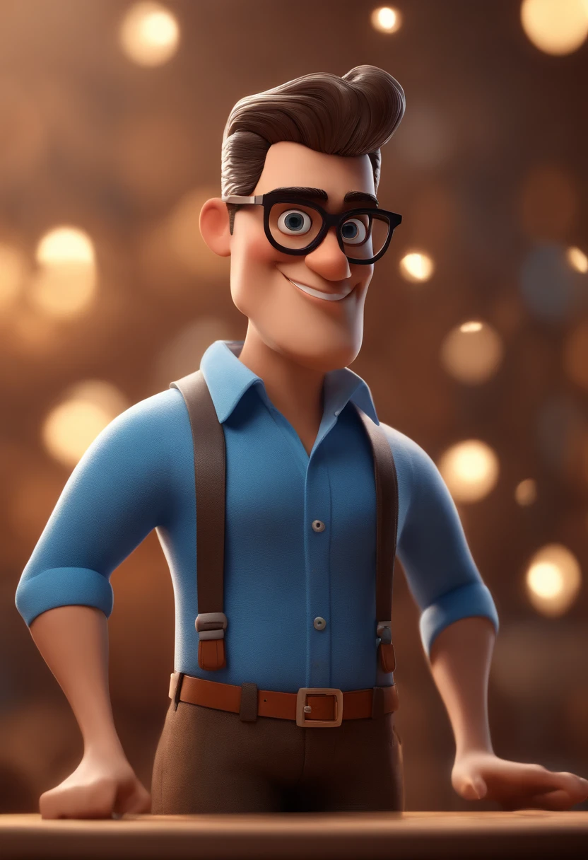 Cartoon character of a man with black glasses and a blue shirt, animation character, Caractere estilizado, animation style rendering, 3D estilizado, Arnold Maya render, 3 d render stylized, toon render keyshot, Personagem 3D, Personagem 3D, 3d rendering stylized, 3 d character render, personagem de desenho animado, Personagem de close up, Pose de personagem, (Estilo Pixar) (master part:1.2) (Bokeh) (best quality) (pele detalhada) (textura detalhada) (8k) (argila) (Cinematic lighting) (foco nítido