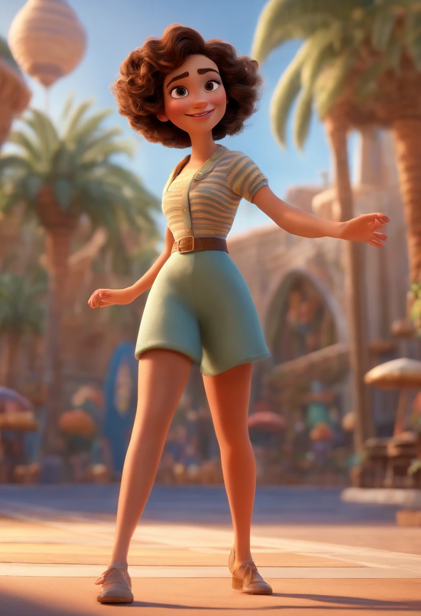 Pixar style image with 3D character white glasses brunette woman short curly hair dancing, Maquiagem Disney,Pescador, bonitinho, sorridente ,Close-up, Pixar, Disney, Cinema lighting,