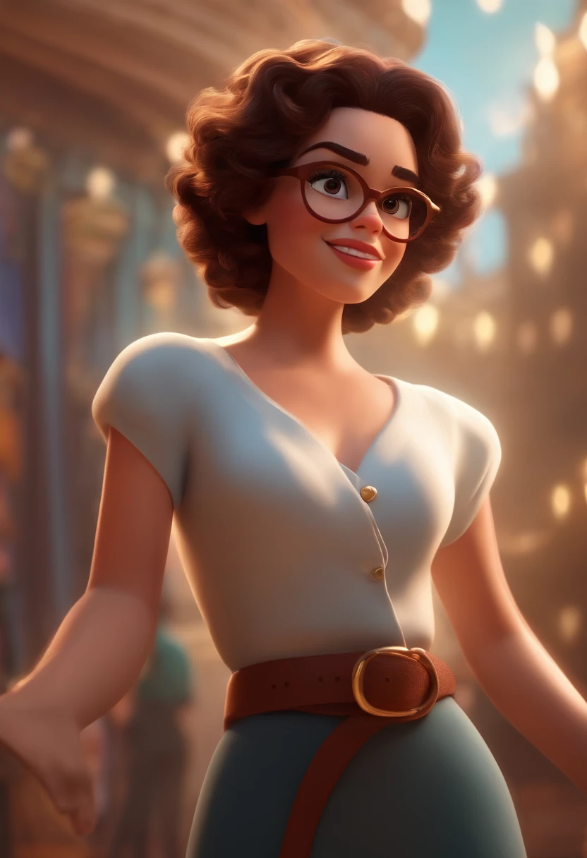 Pixar style image with 3D character white glasses brunette woman short curly hair dancing, Maquiagem Disney,Pescador, bonitinho, sorridente ,Close-up, Pixar, Disney, Cinema lighting,