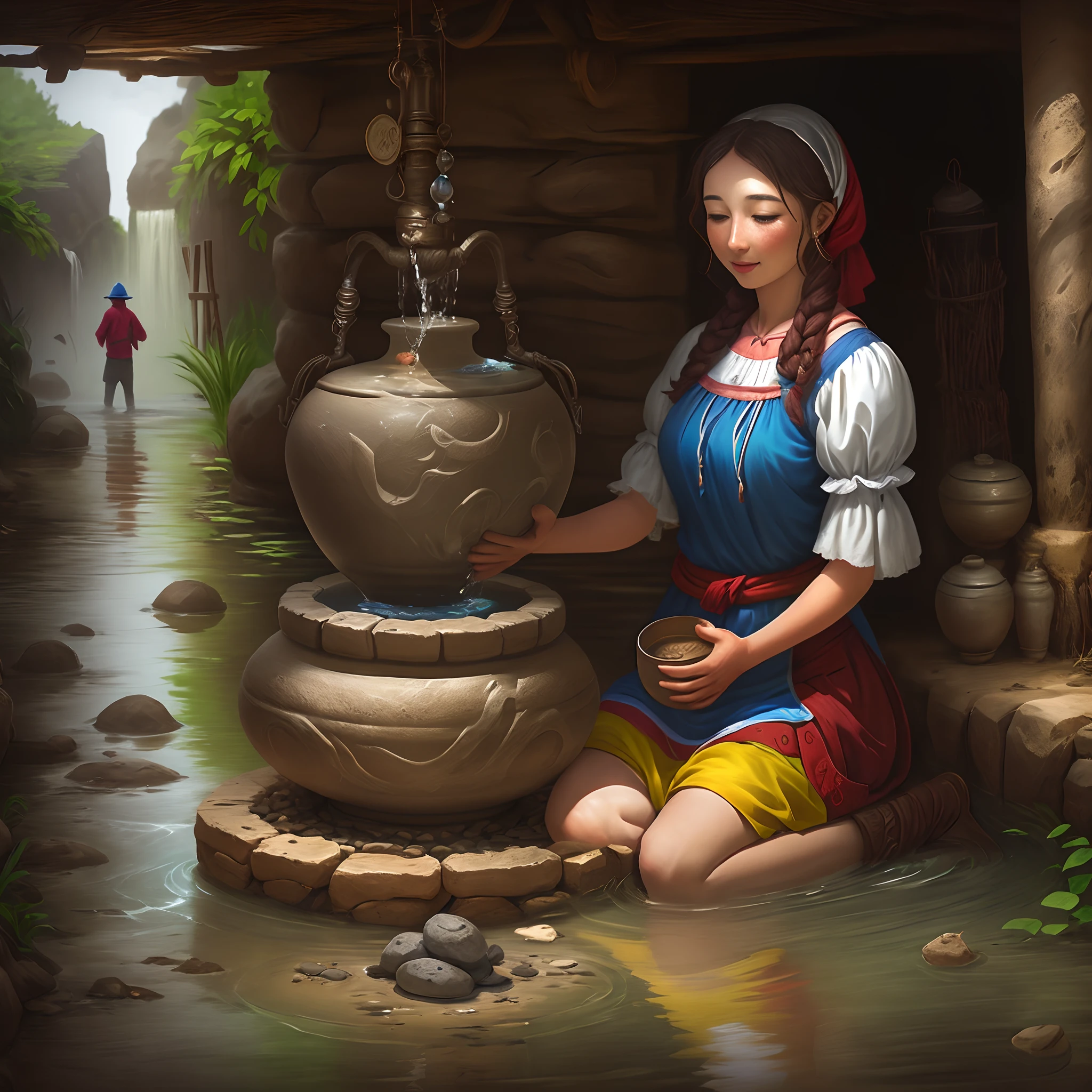 Create a water well with stones around it where a woman and a man can draw water from the well with a clay jar