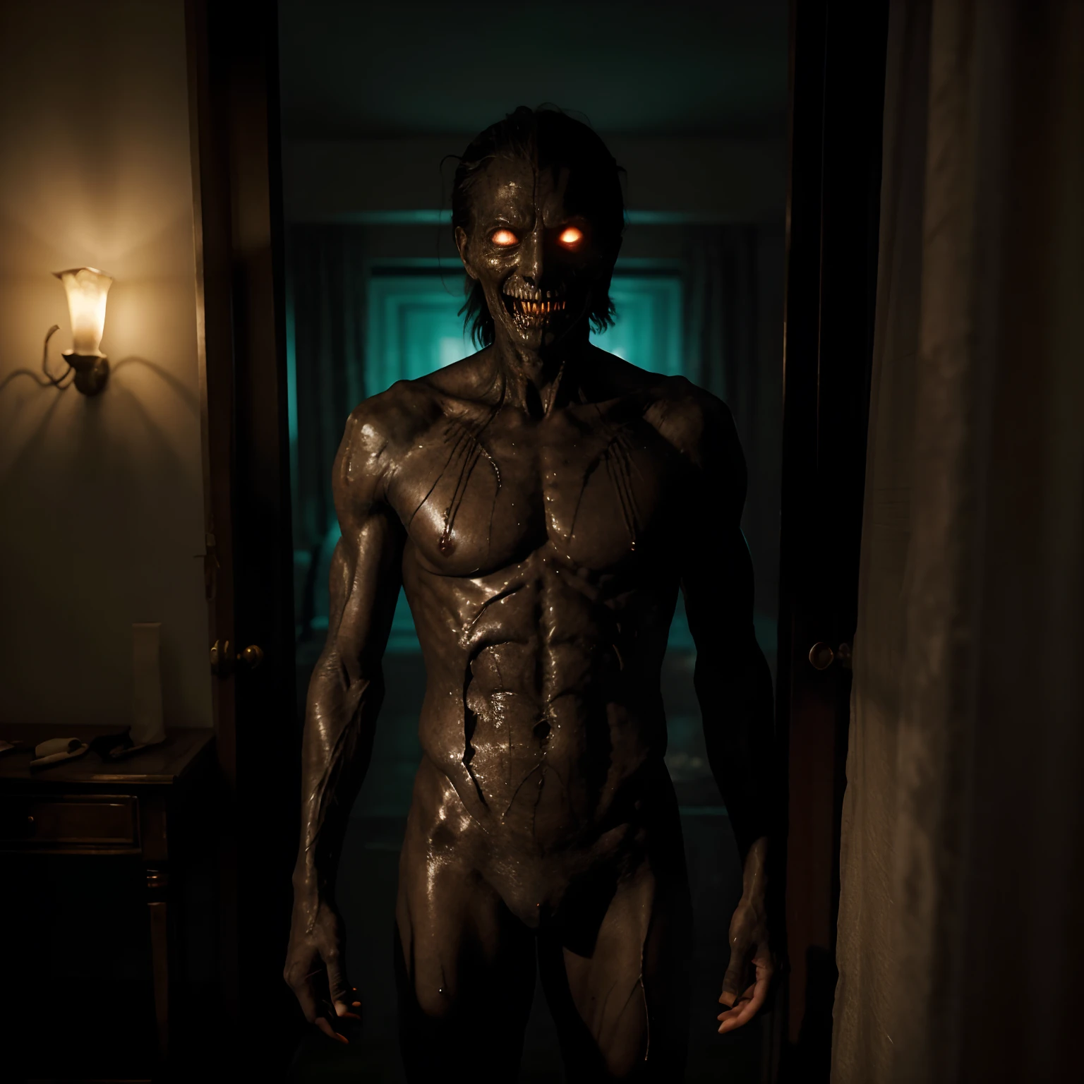 Imagine a chilling scene: a tall and slender male humanoid figure standing in a dimly lit room, its silhouette elongated by the eerie glow of moonlight seeping through tattered curtains. This enigmatic being begins to peel its own face off, the skin slowly separating from muscle and bone. Beneath the human façade lies a monstrous countenance, contorted with malevolence and ancient horrors. Its eyes, glowing with a sinister light, pierce through the darkness, revealing a depth of malevolence that sends shivers down the spine. The creature's unearthly features contort in a macabre grin as it unveils its true, terrifying nature. Capture the raw terror and fascination in this moment, emphasizing the grotesque transformation and the unsettling aura that surrounds the creature."