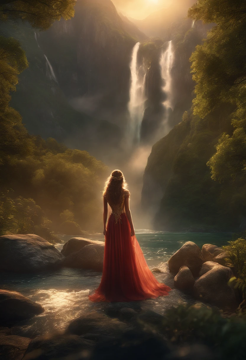 um vestido com roupas de guerreiro andando pela floresta com rio, animais e dia lindo.