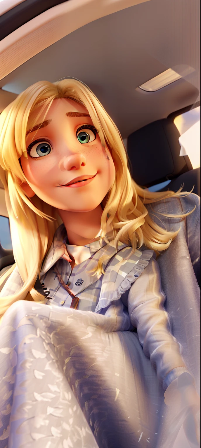 (best quality,highres),1 girl,blonde hair,straight hair,slightly smiling,gray blouse,[inside car],detailed eyes,detailed lips,vivid colors,portraits,soft lighting