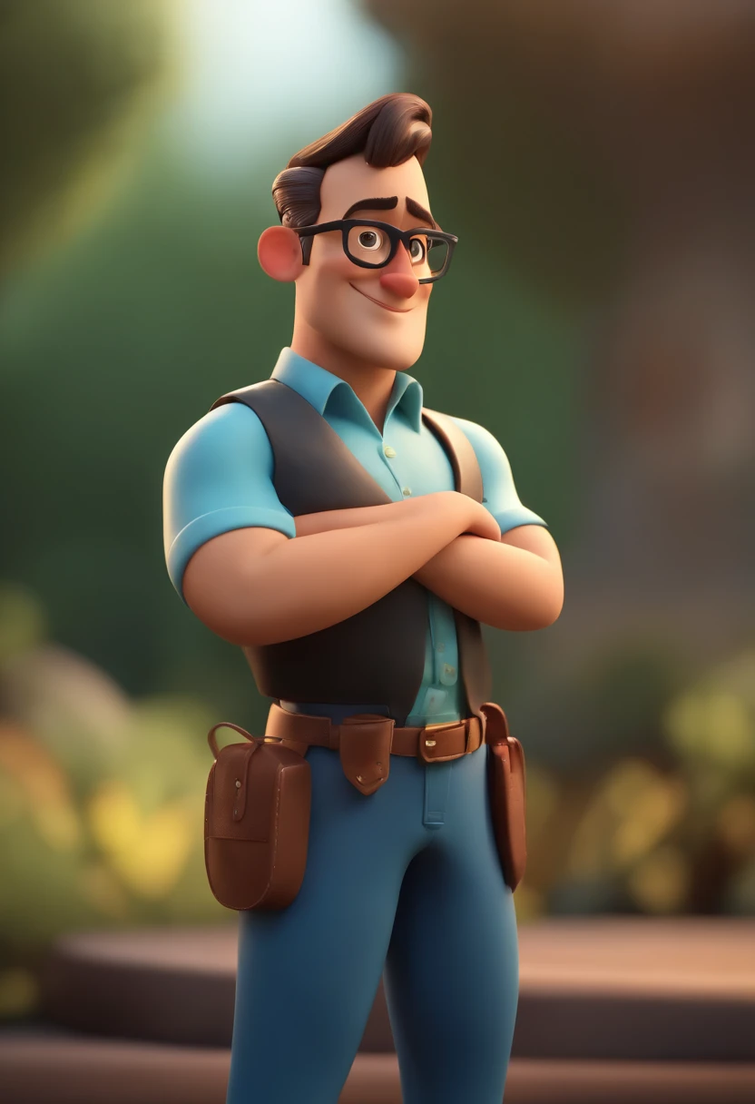 Cartoon character of a man wearing black glasses and a blue shirt, um personagem animado, Caractere estilizado, animation style rendering, 3D estilizado, Arnold Maya render, 3 d render stylized, toon render keyshot, Personagem 3D, Personagem 3D, 3d rendering stylized, 3 d character render, personagem de desenho animado, Personagem de close up, Pose de personagem, (Estilo Pixar) (master part:1.2) (Bokeh) (best quality) (pele detalhada) (textura detalhada) (8k) (argila) (Cinematic lighting) (foco nítido，Senta e vaza a parte superior do corpo