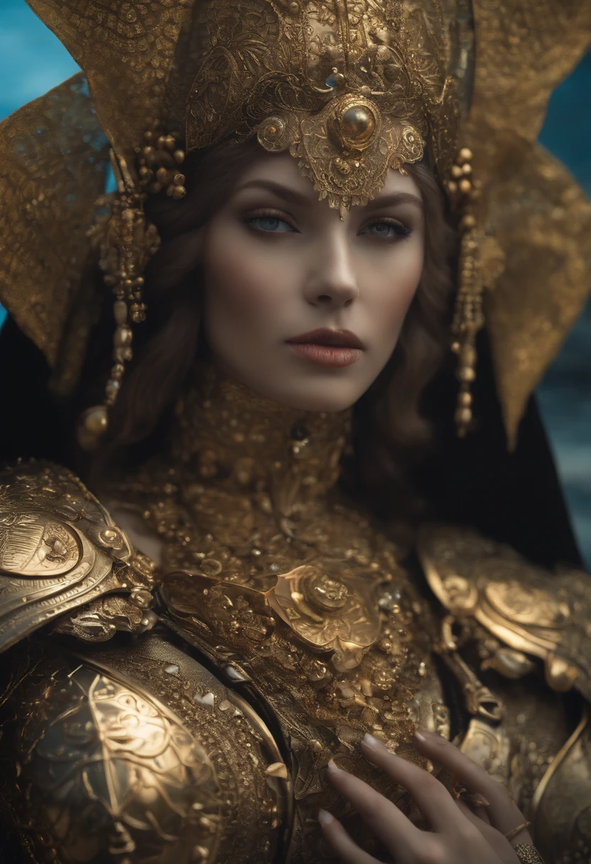 ((Foto RAW)), ((master part)), Anthropomorphic humanoid AngelGirl wearing nun's armor, detalhes intrincados, Futobot, intricate Greebles pieces, sea behind, Asas amarelas, Beautiful, detailed eyes and lips