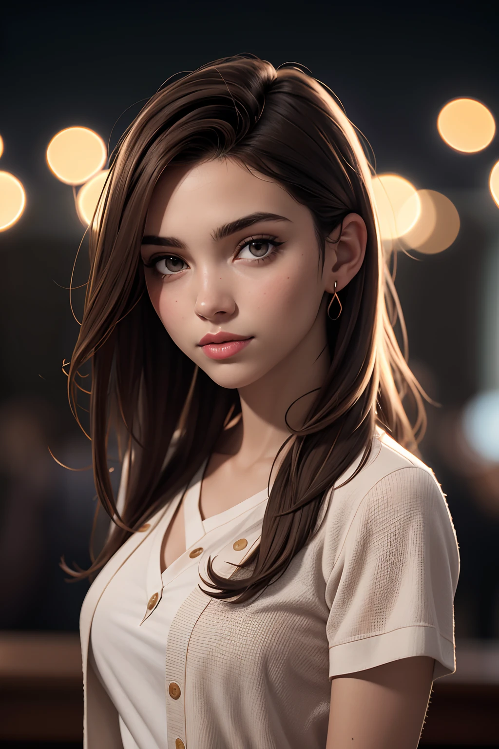 uma de 20 anos,apaixonado,Corou,(medium-long light brown hair),camisa folgada,alegre,medium breasts,((Cerveja Madison:0.3), (Barbara Palvin:0.3), (Karlie Kloss:0.4)),(desvanecimento hi-top:1.3),party background,fundo dessaturado,Bokeh,tema escuro,tons suaves,cores silenciadas,alto contraste,(textura natural da pele, hiper-realismo, luz suave, Sharp),(Foto em close-up) Artistic photo essay,(ombros nus),(pano vermelho esconde seios),