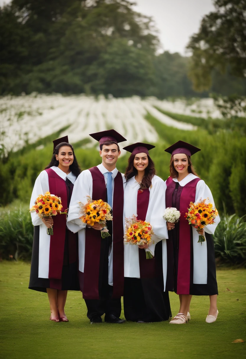 There are five people together holding a bouquet of flowers, Foto de formatura,  fami, wearing an academic gown, post graduate, foto tirada em 2023, Happy family