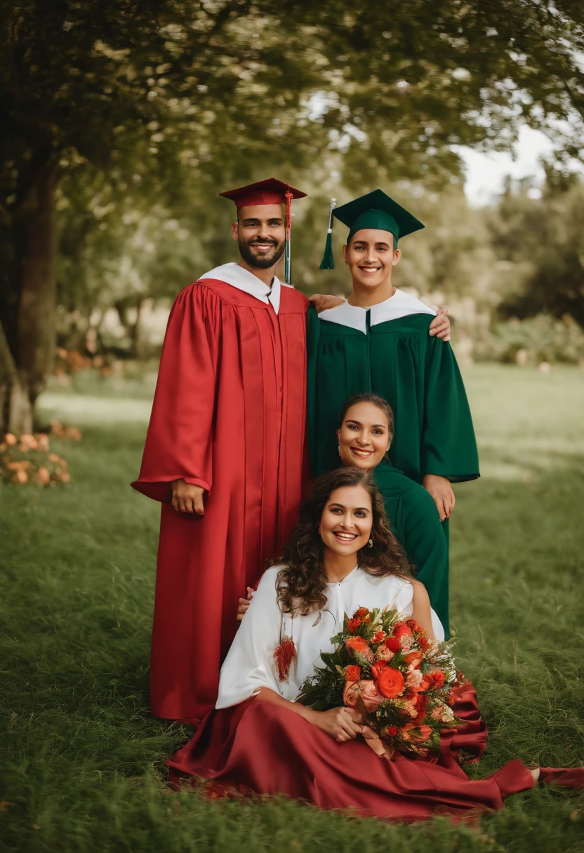 There are five people together holding a bouquet of flowers, Foto de formatura,  fami, wearing an academic gown, post graduate, foto tirada em 2023, Happy family